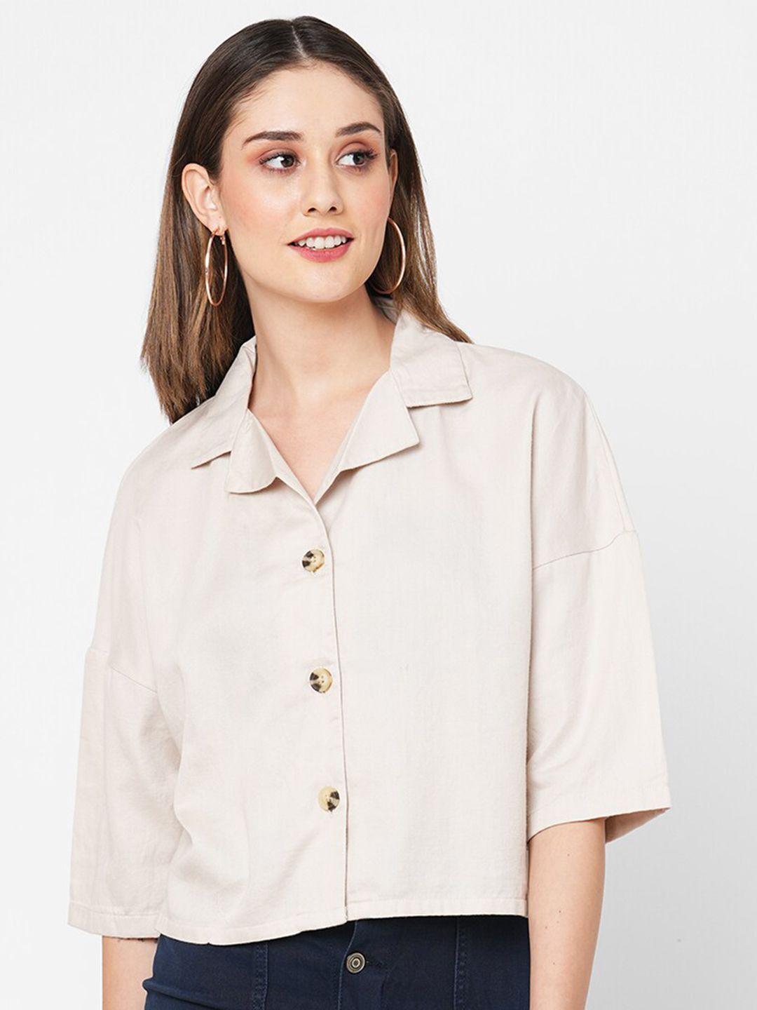 vastrado women beige boxy opaque casual shirt