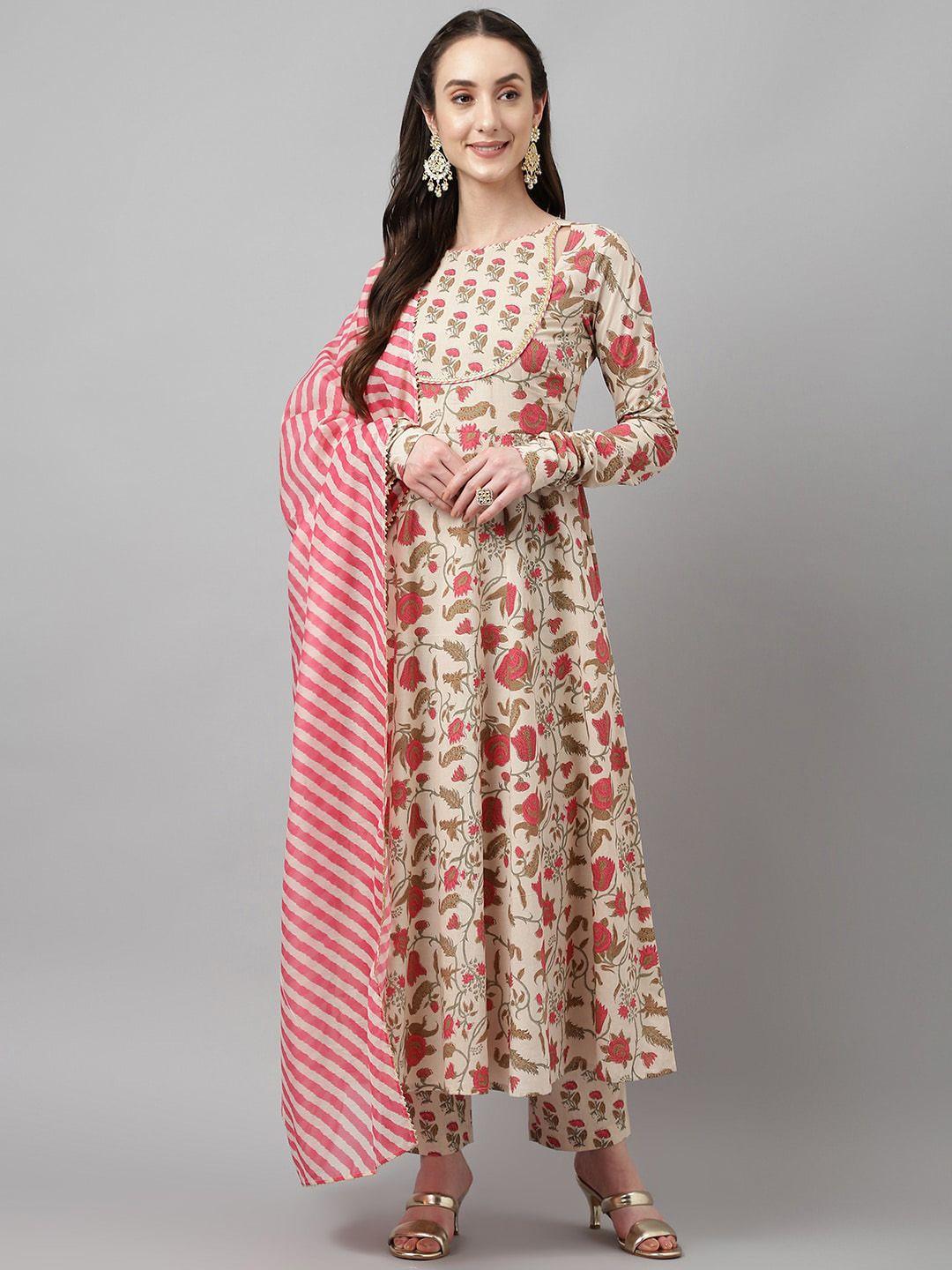 fiorra women beige floral printed regular pure cotton kurta with trousers & with dupatta