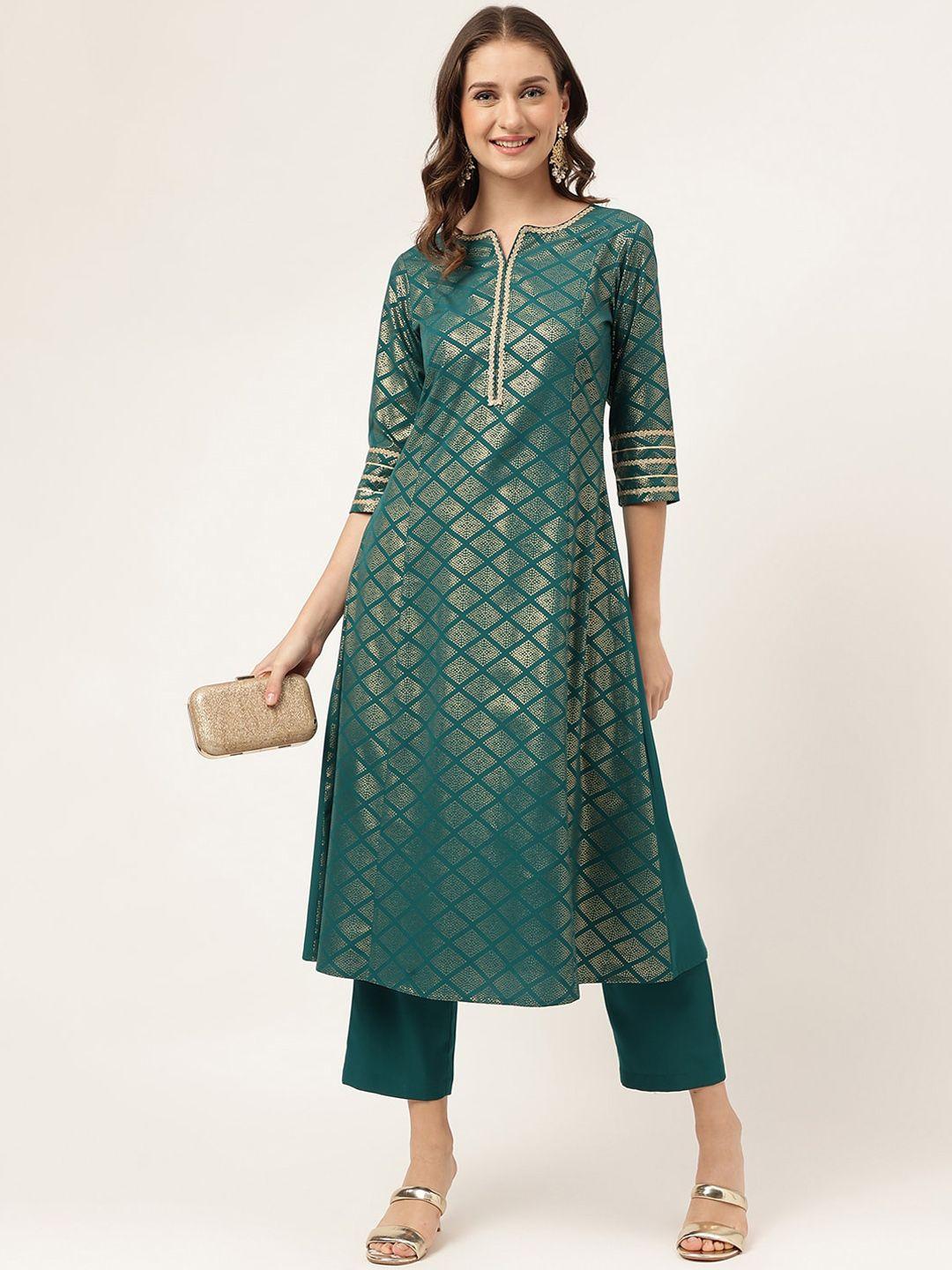 fiorra women teal printed regular kurta with trousers