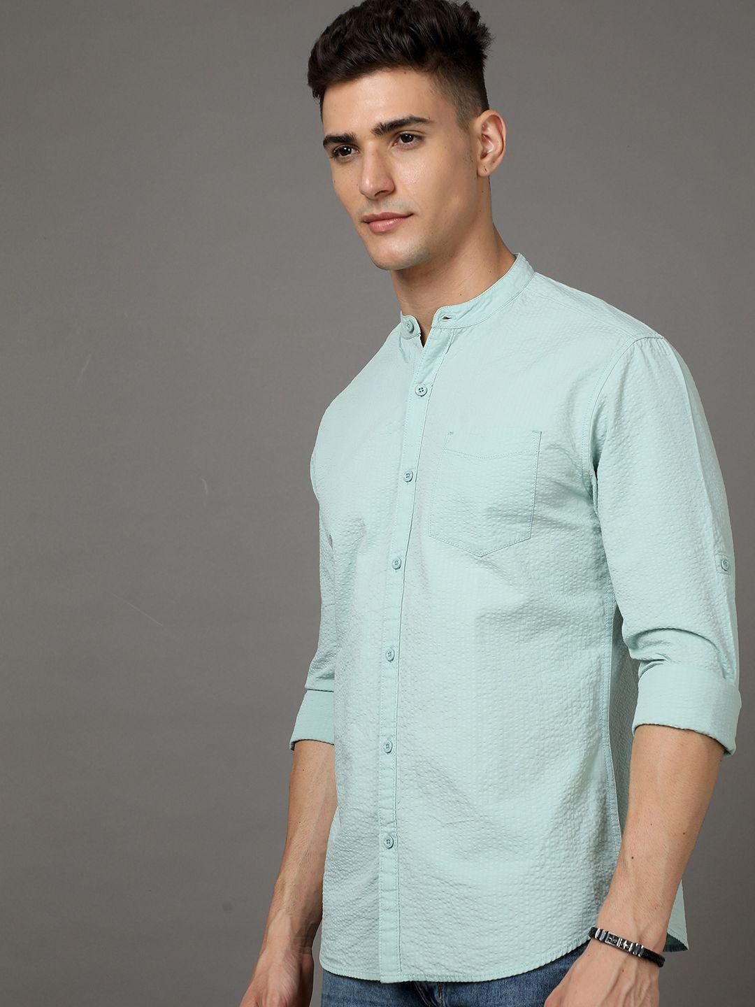 moda rapido sea green slim fit self design cotton casual shirt