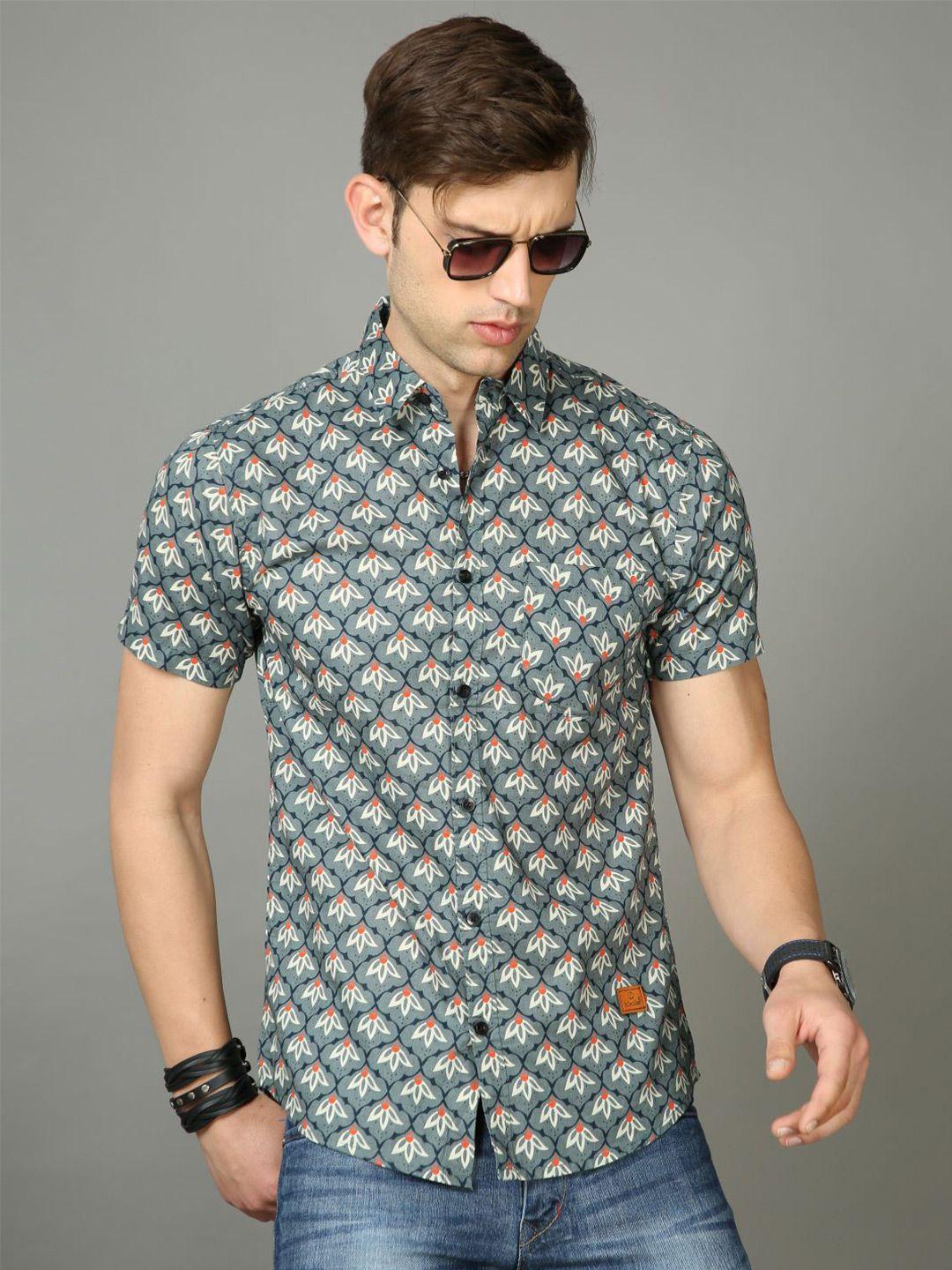 tallwalker men green straight slim fit floral opaque printed casual shirt