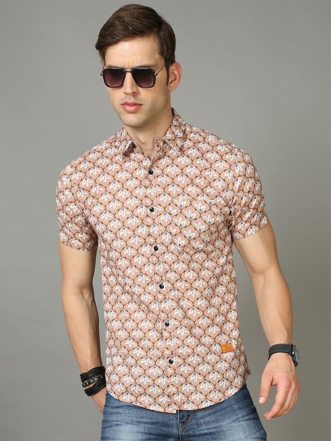 tallwalker men brown straight slim fit floral opaque printed casual shirt