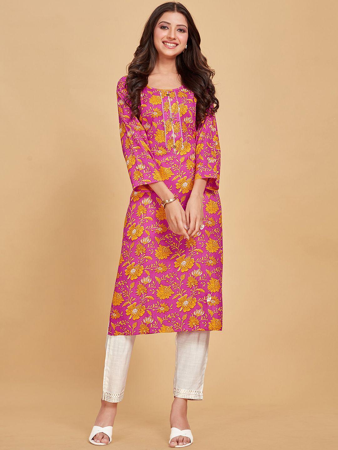 sangria pink & yellow floral printed pure cotton straight kurta