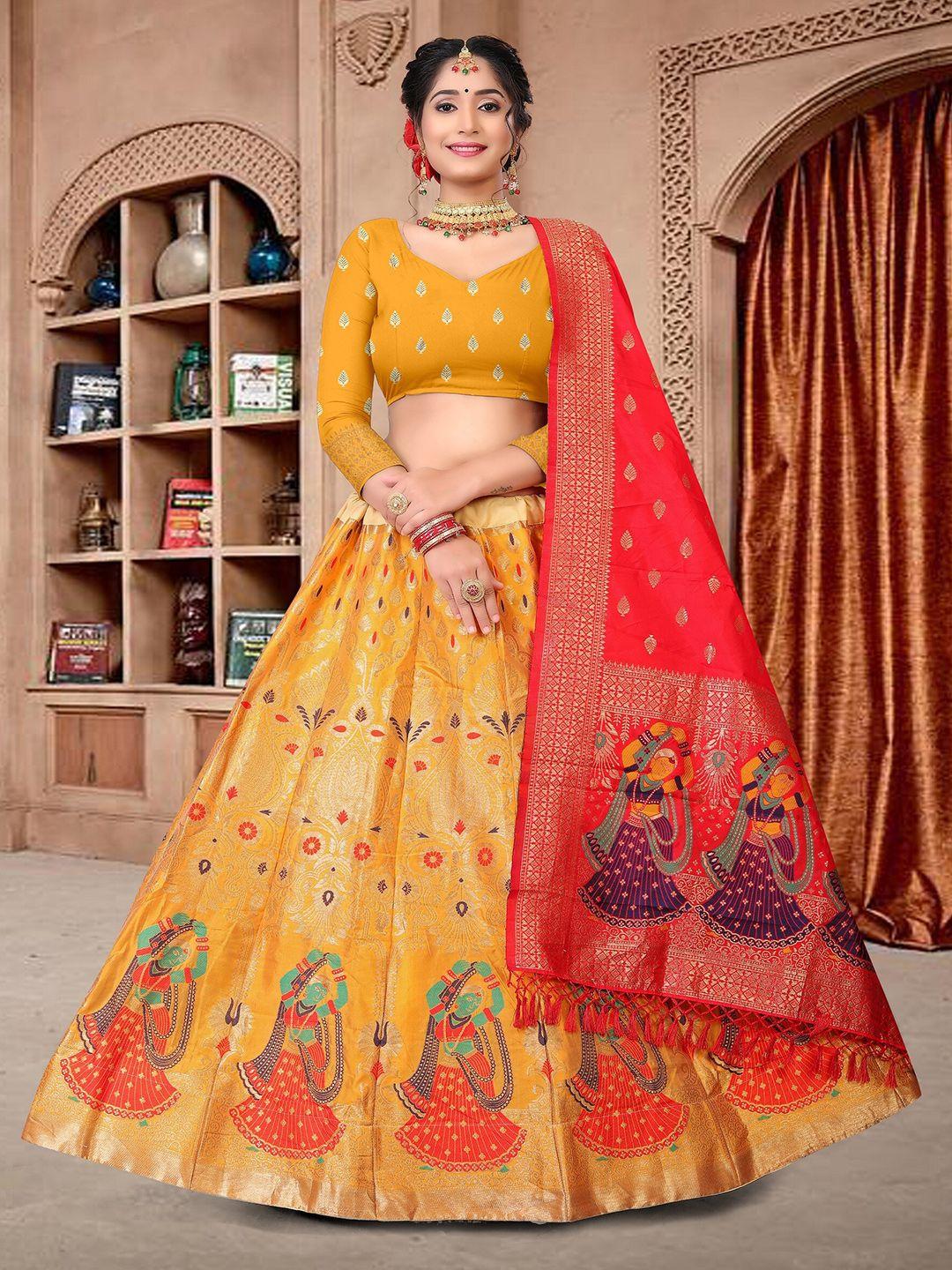 warthy ent yellow & red semi-stitched lehenga & unstitched blouse with dupatta