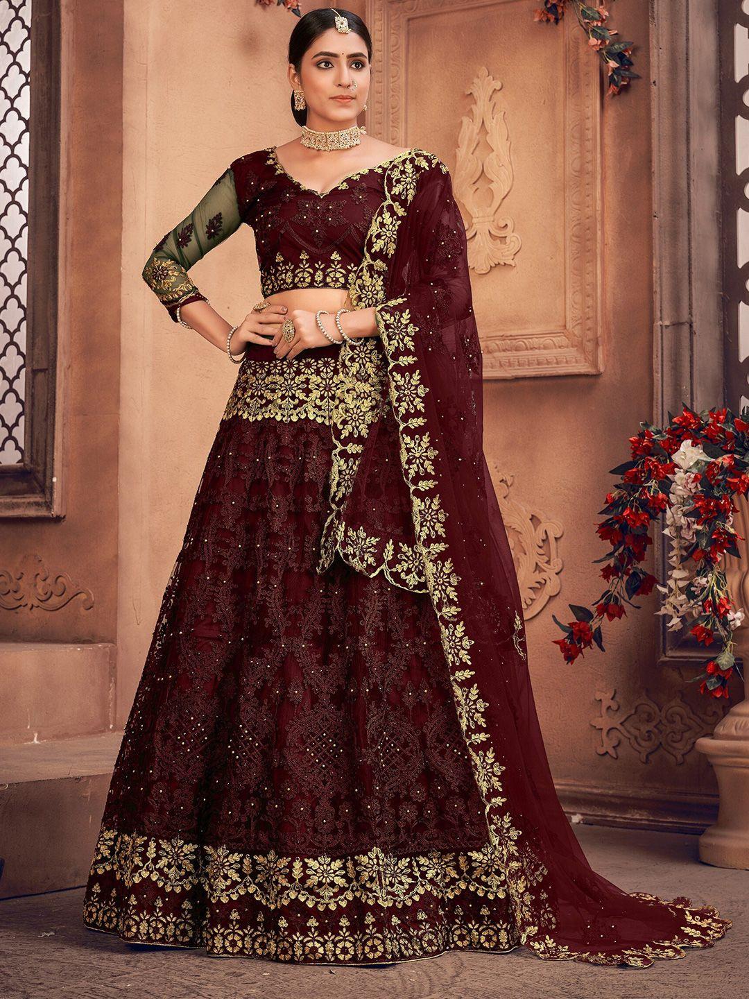 warthy ent maroon & gold-toned embroidered thread work semi-stitched lehenga & unstitched blouse with dupatta