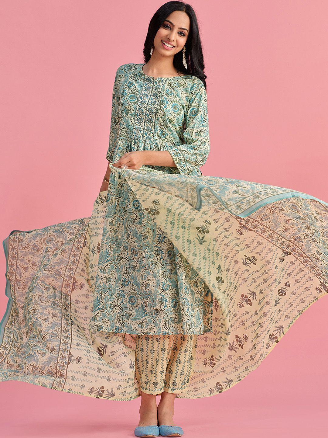 sangria floral printed a-line kurta with trousers & dupatta