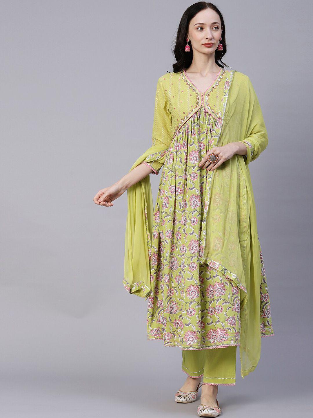 fashor lime green floral printed pleated pure cotton kurta & trousers with dupatta