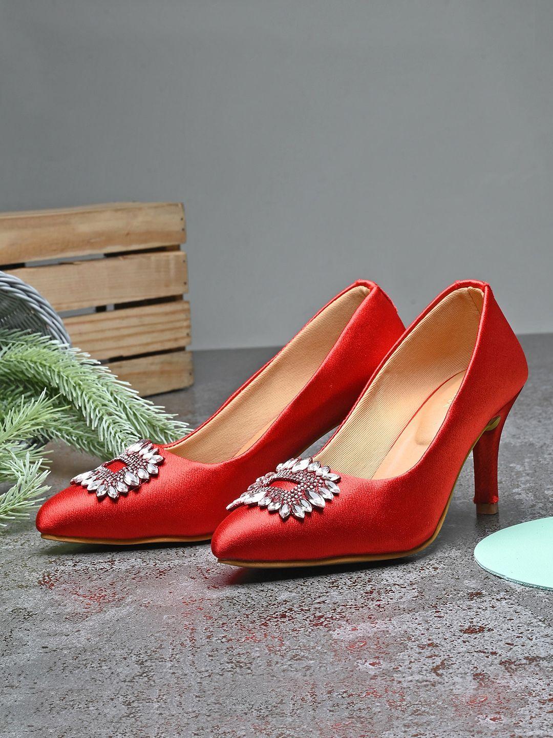 clog london red embellished block pumps