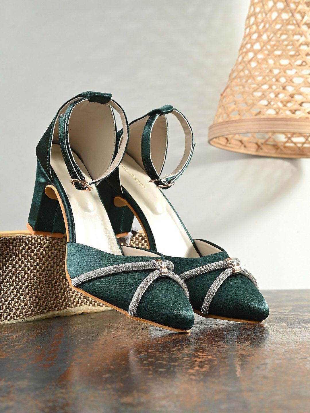 clog london green embellished block pumps with buckles