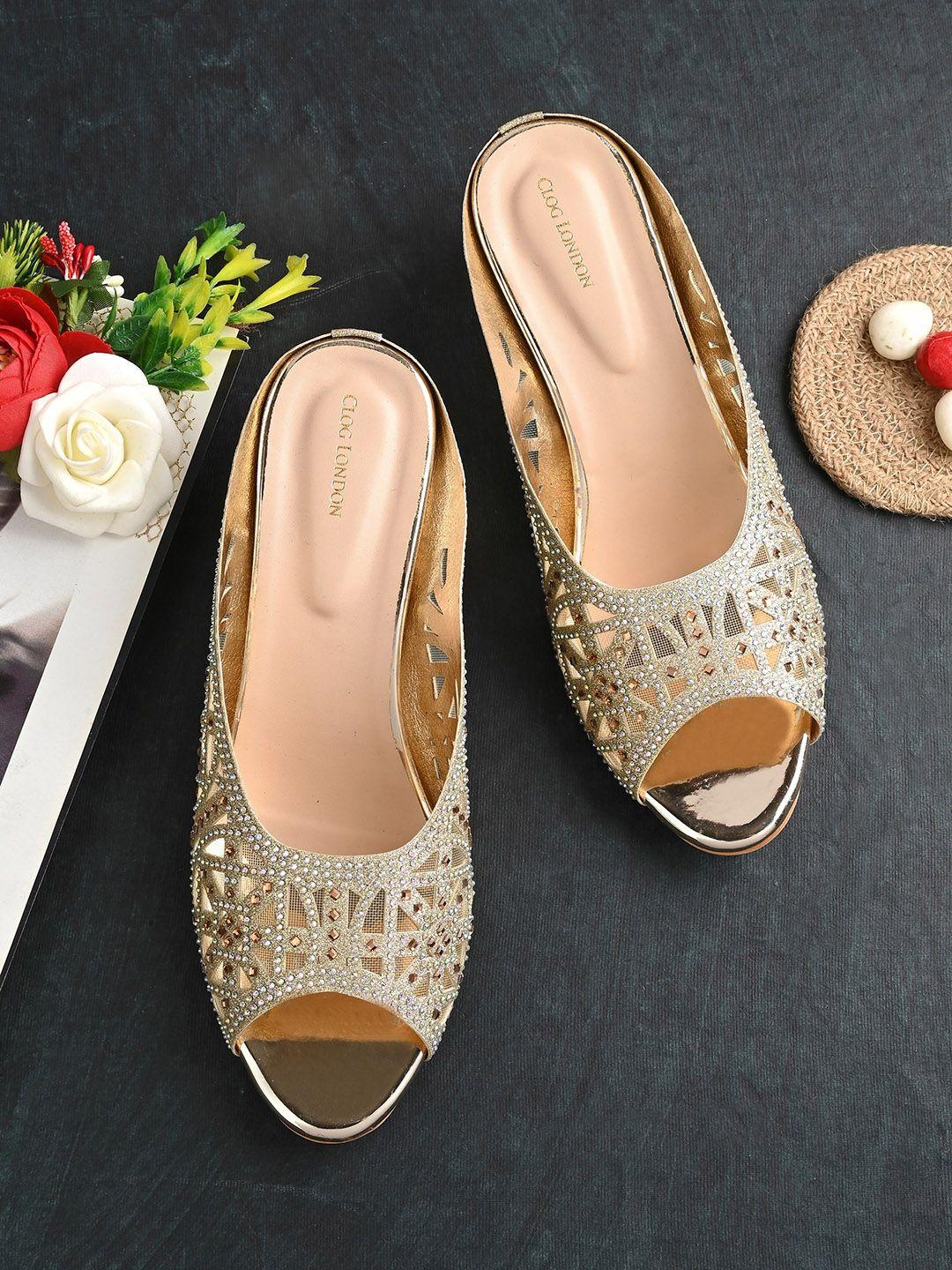 clog london gold-toned embellished block mules with laser cuts