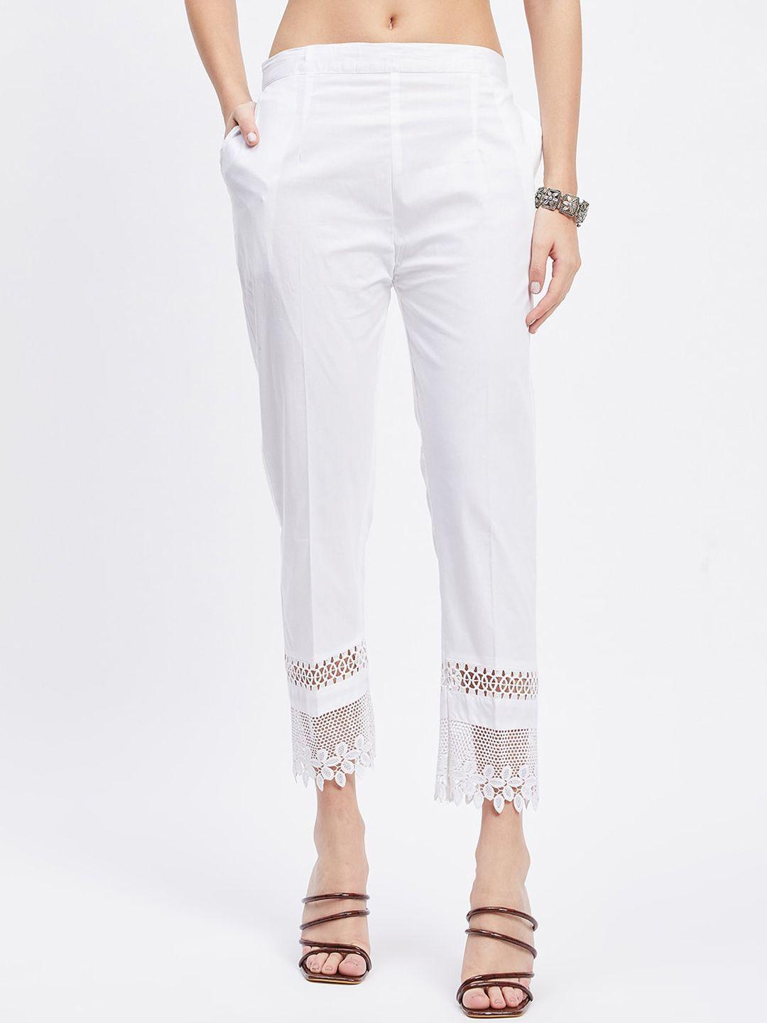 clora creation women white smart straight fit easy wash trousers