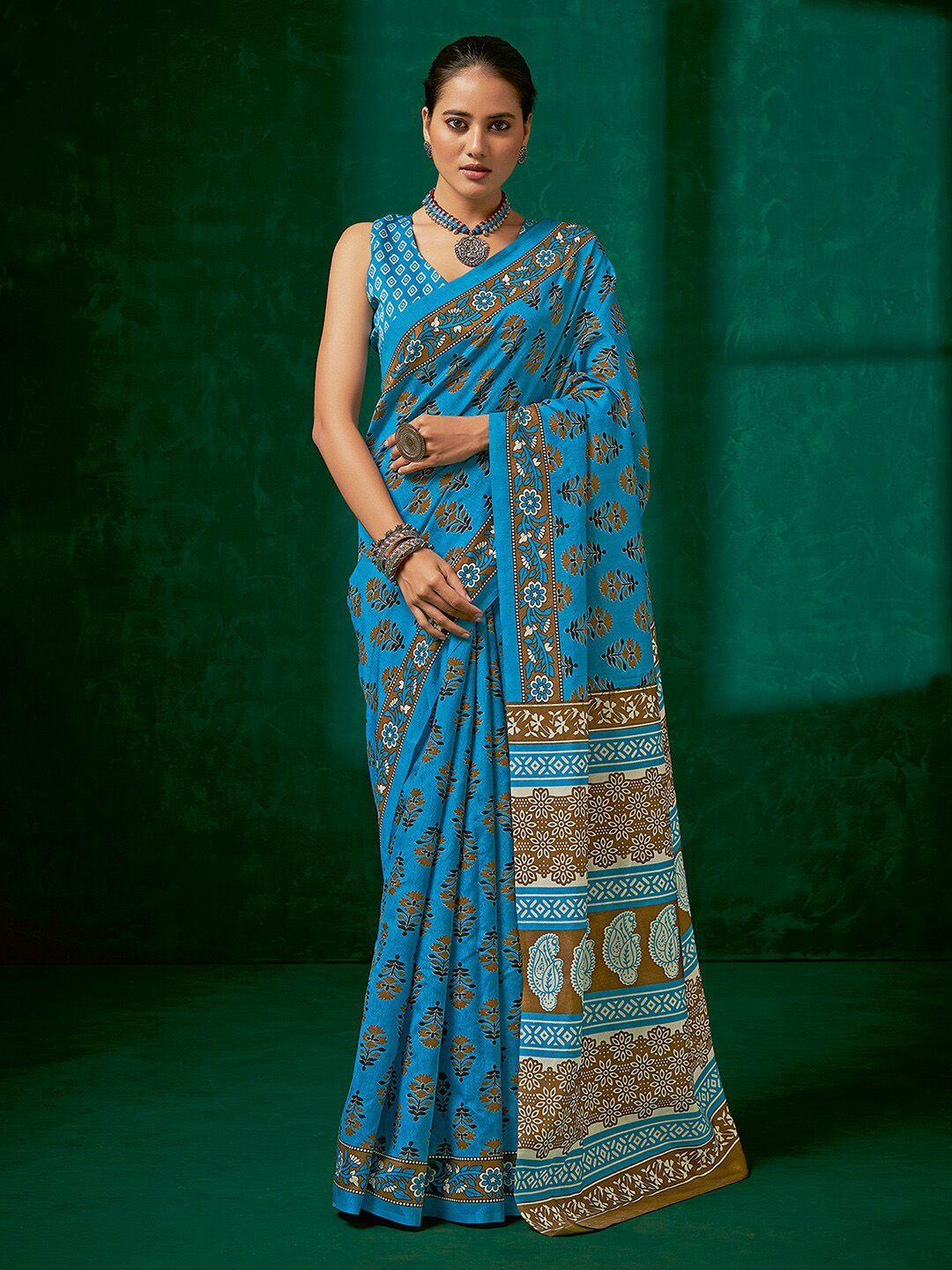 mitera blue & brown dabu print traditional bagh saree