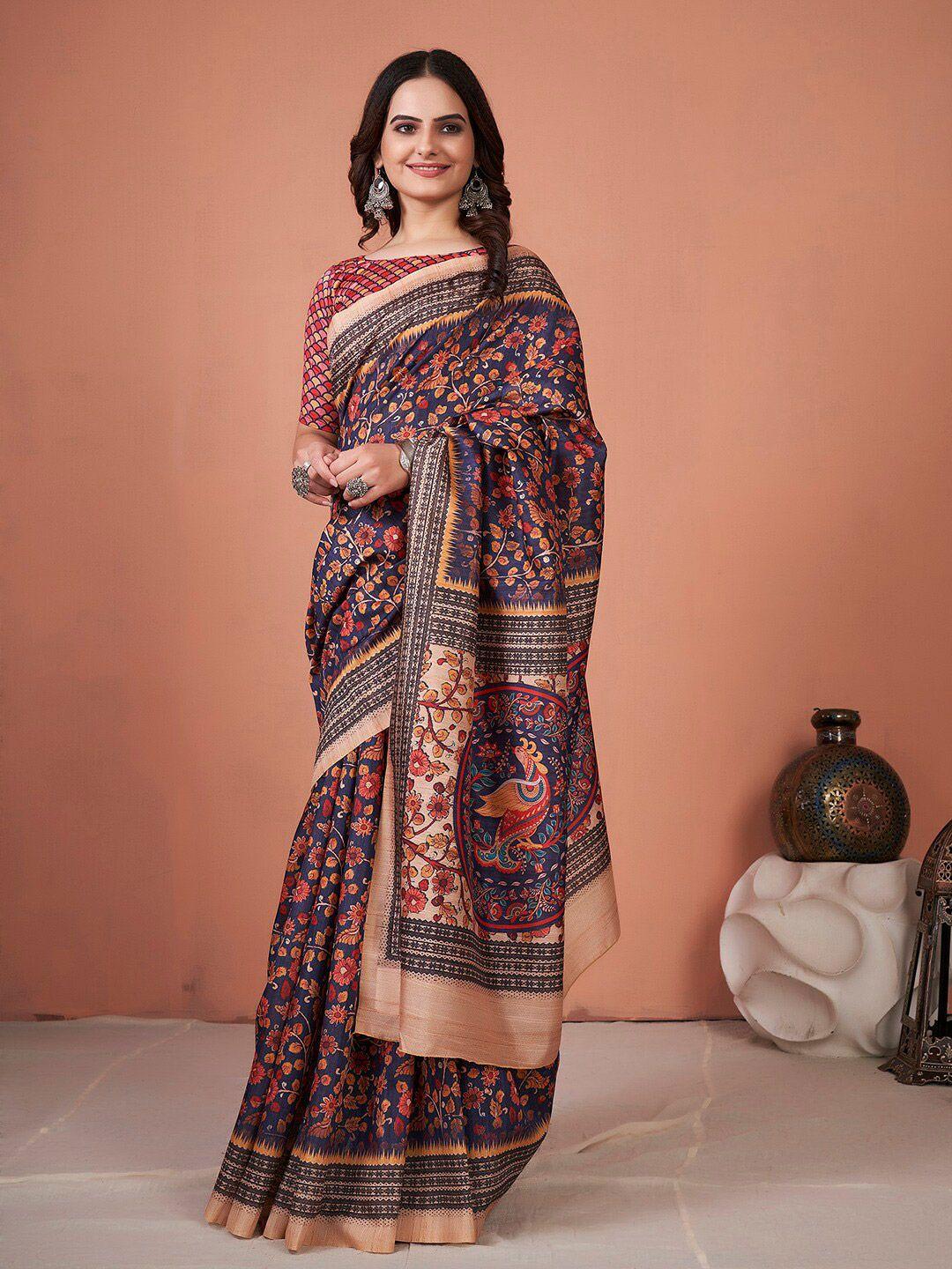 mitera navy blue & red floral printed pochampally saree