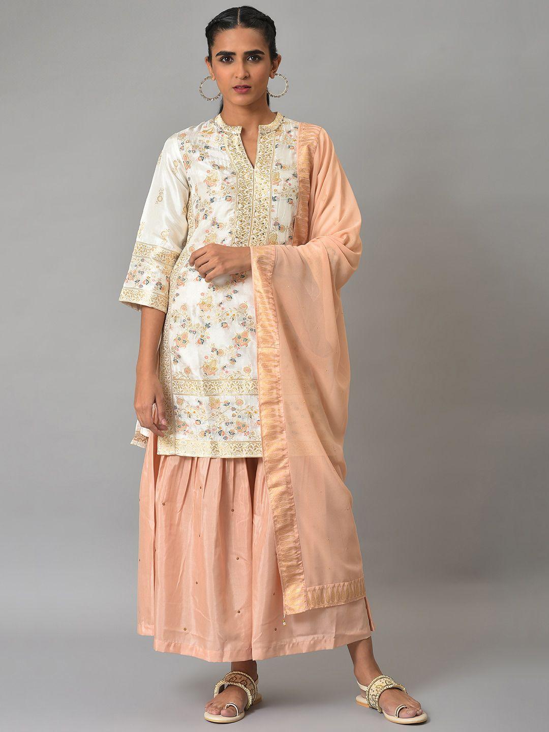 wishful floral printed regular sequinned kurta with sharara & dupatta