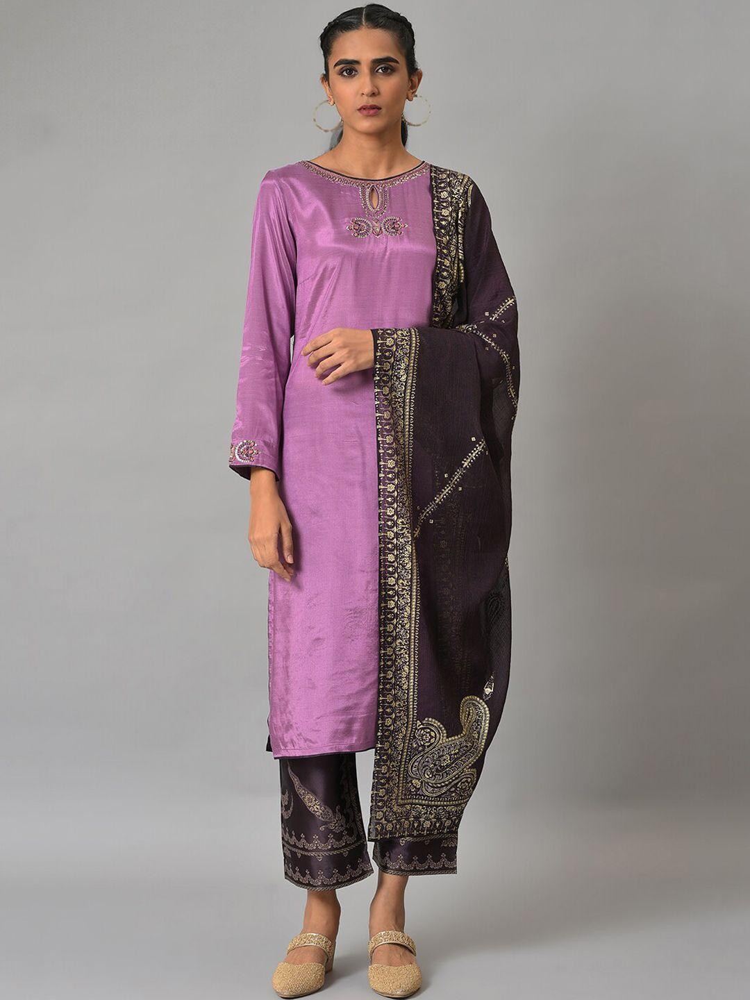 wishful keyhole neck regular thread work kurta with trousers & dupatta