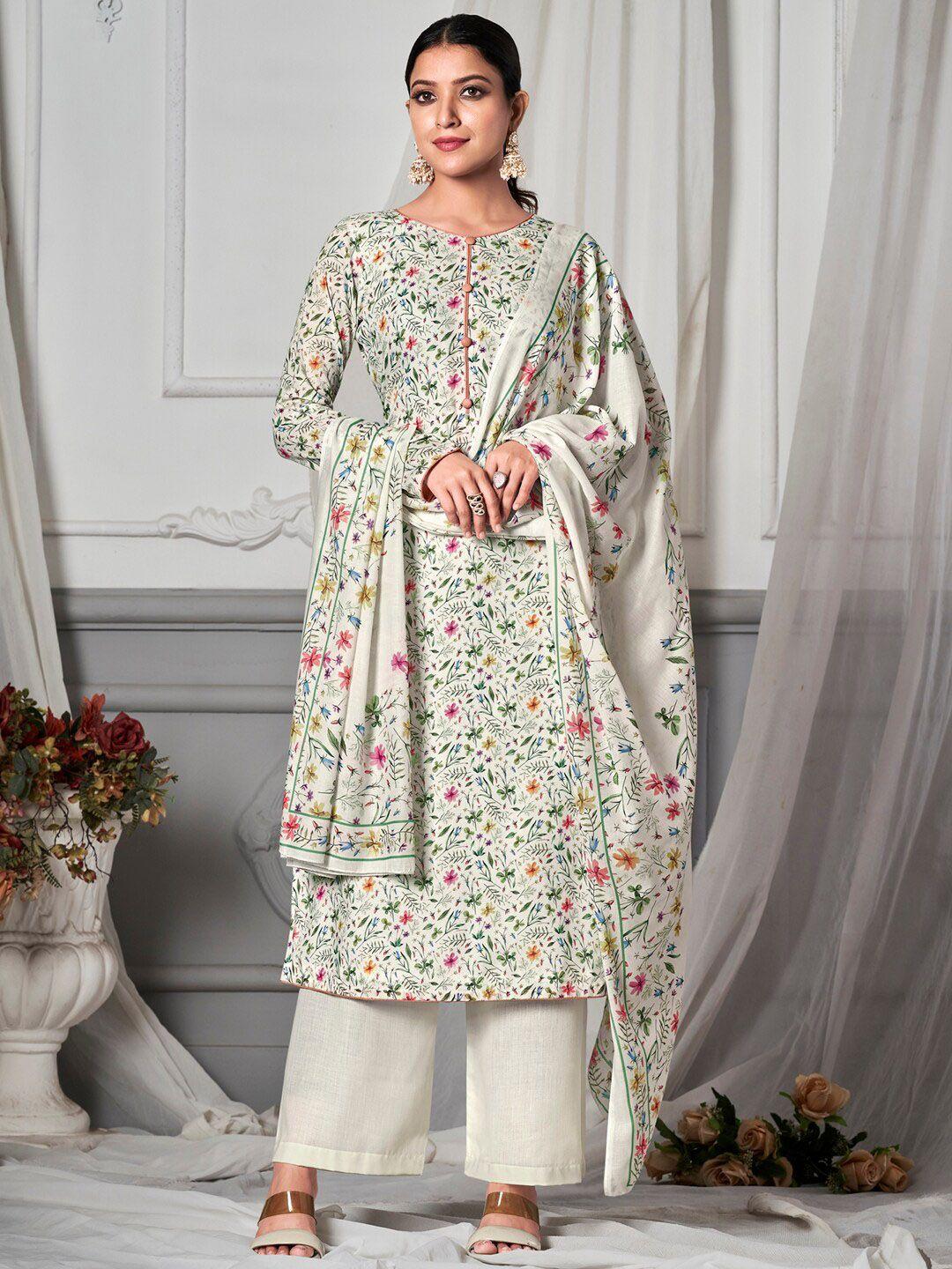 stylee lifestyle off white & green printed pure cotton unstitched dress material