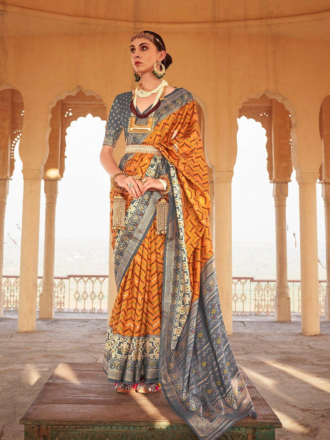 mitera mustard & grey woven design zari saree