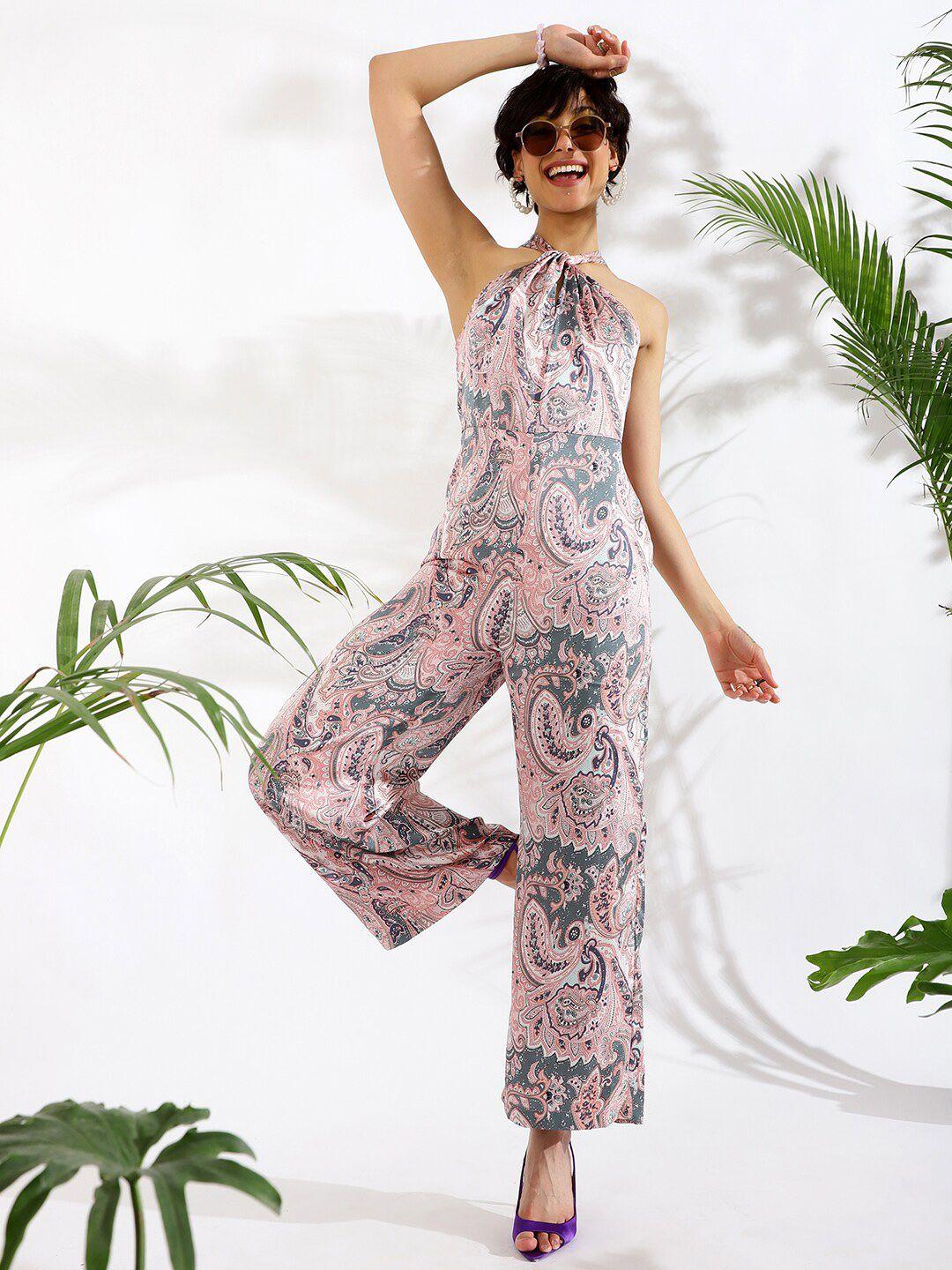 kassually pink & grey halter neck ethnic motifs printed basic jumpsuit