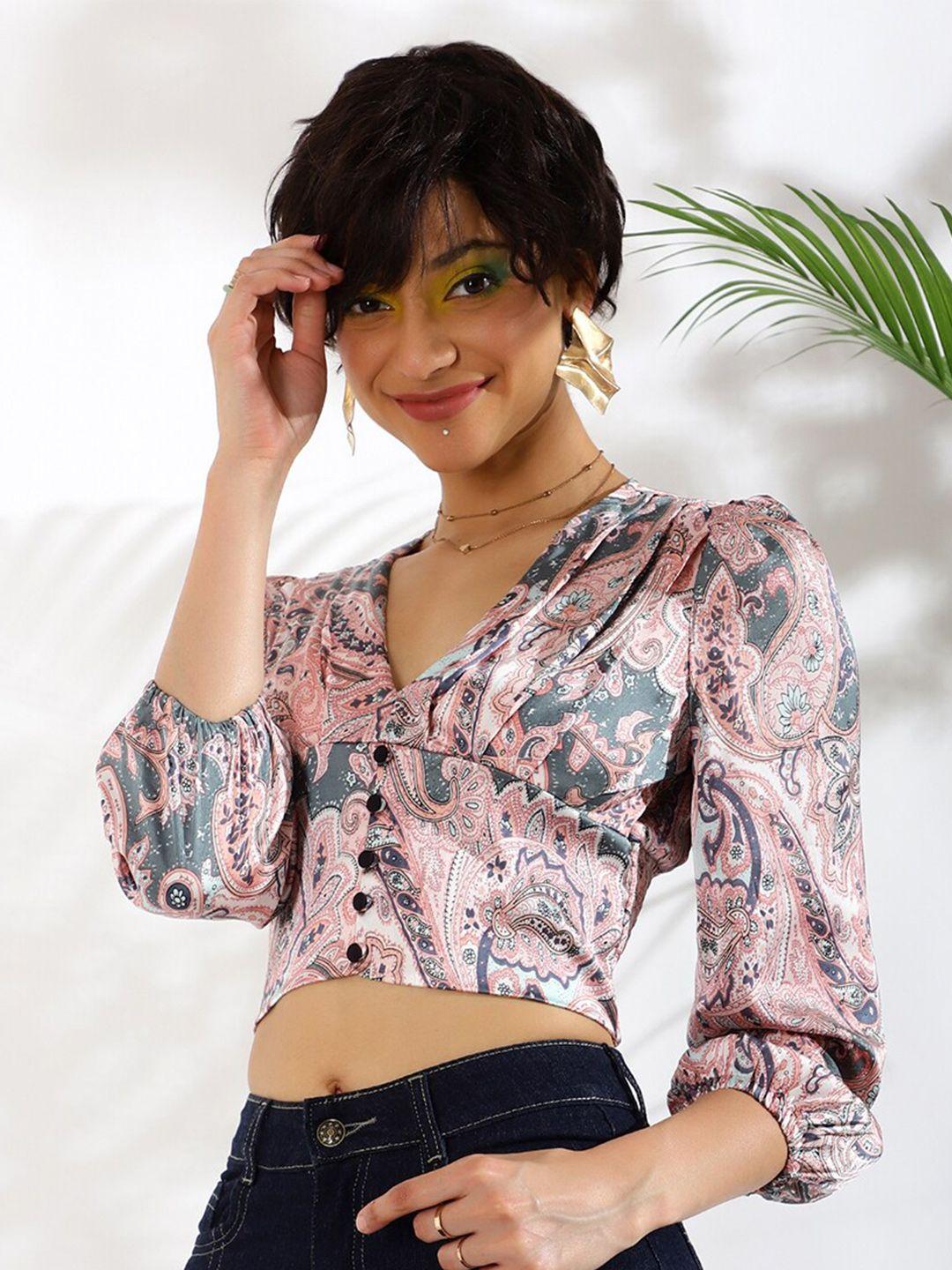 kassually peach-color & blue ethnic motifs printed smocked puff sleeves satin crop top