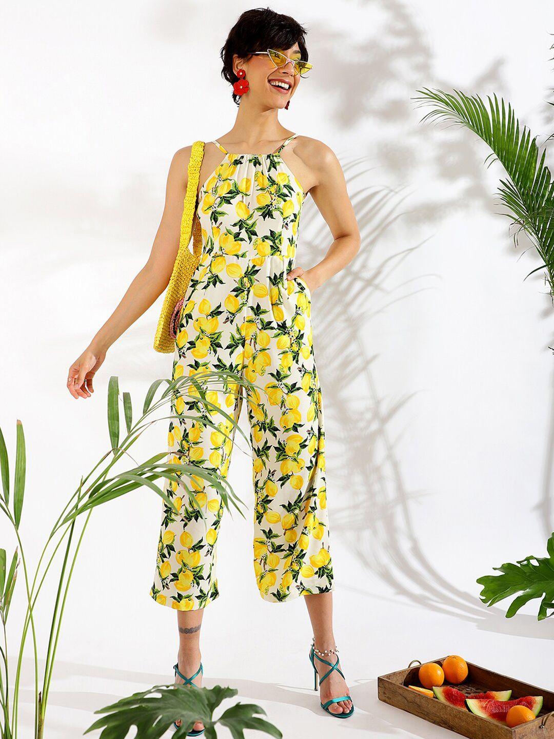 kassually white & yellow printed basic jumpsuit