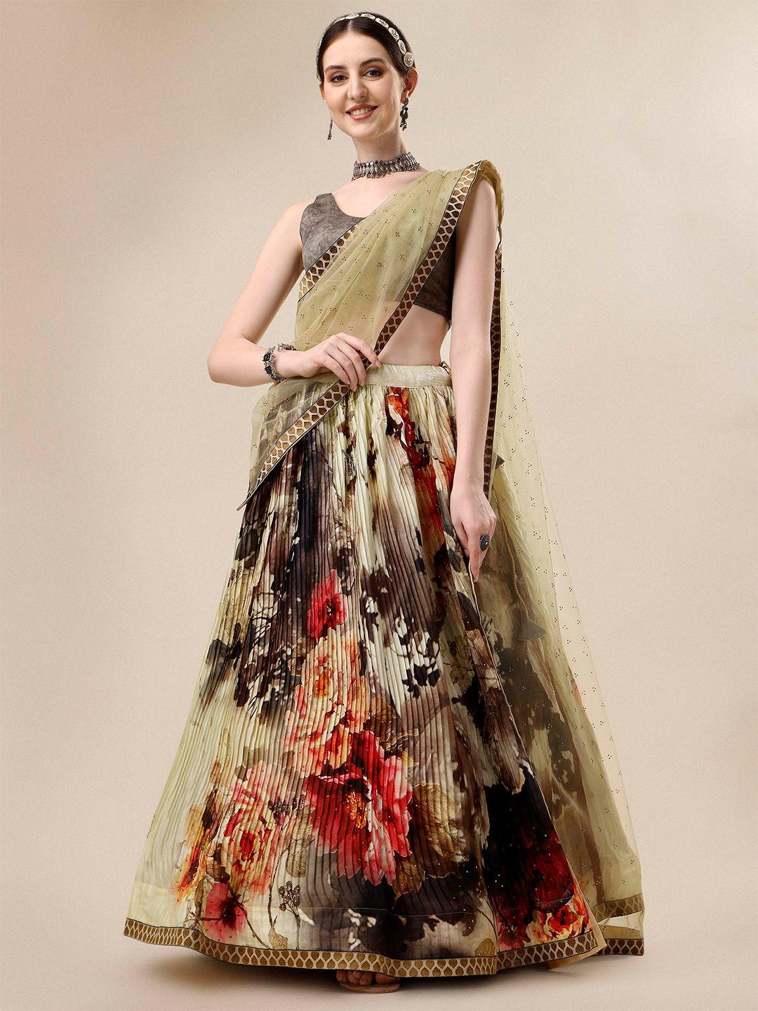 saptrangi brown & red printed semi-stitched lehenga & unstitched blouse with dupatta