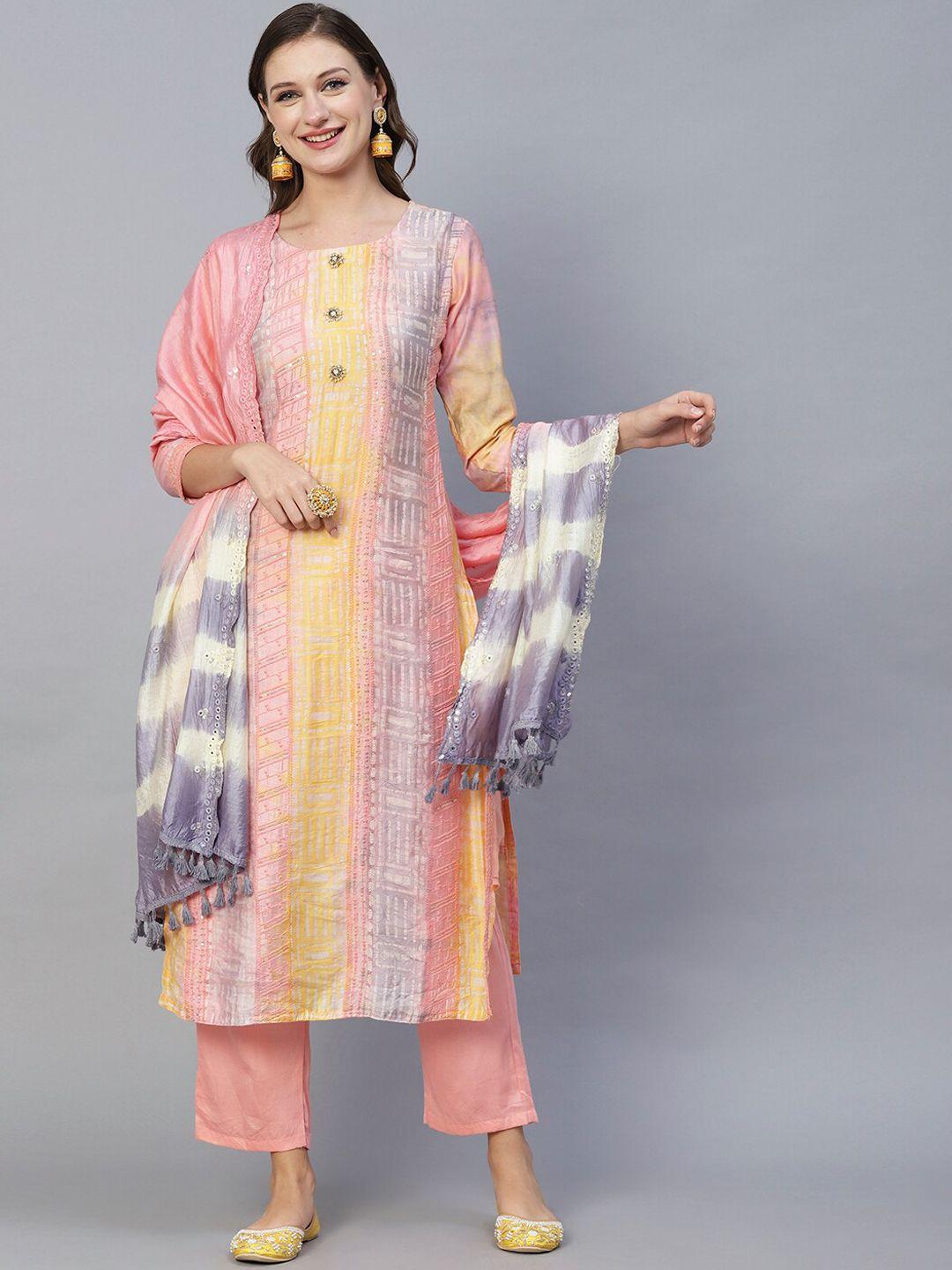 fashor pink & purple ethnic motifs printed chanderi silk kurta with trousers & dupatta