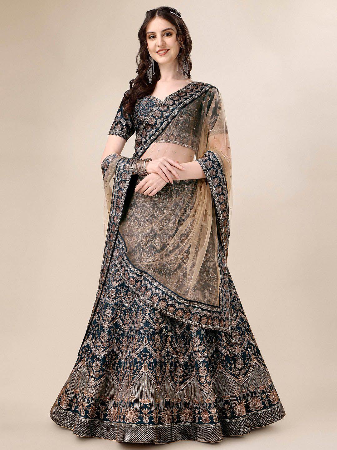 saptrangi navy blue & peach-coloured embellished zardozi foil print ready to wear lehenga & blouse with