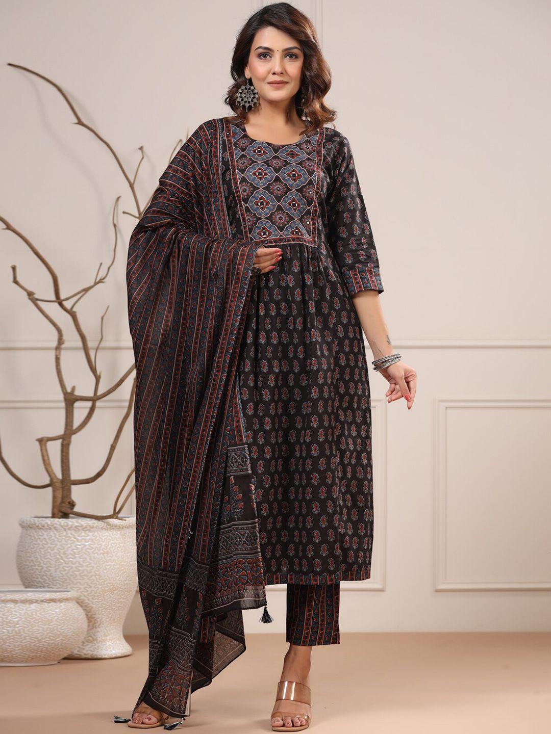 readiprint fashions women black ethnic motifs printed empire pure cotton kurta with palazzos & with dupatta