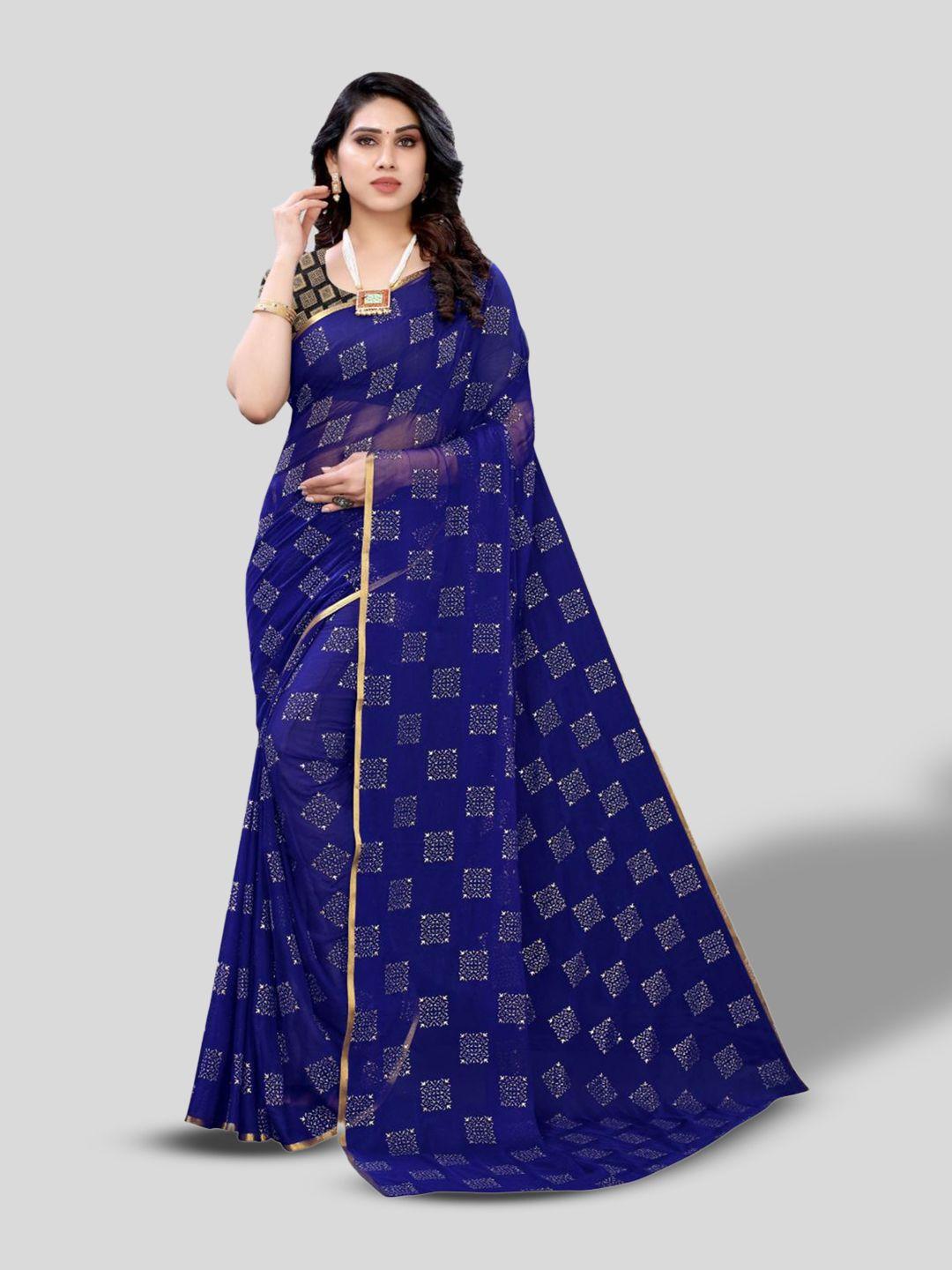 fabmora navy blue & gold-toned ethnic motifs poly chiffon saree