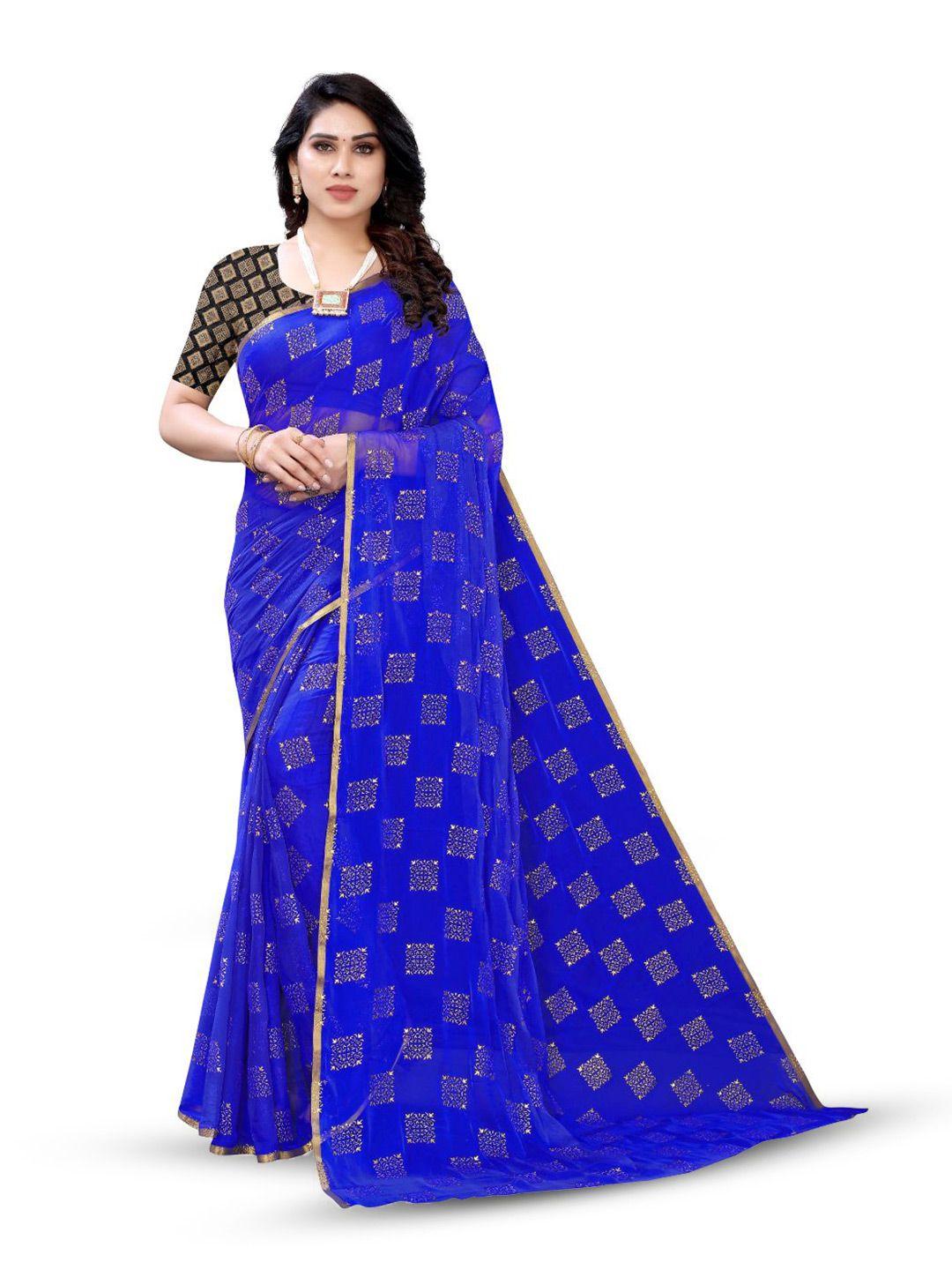 fabmora blue & gold-toned ethnic motifs poly chiffon saree