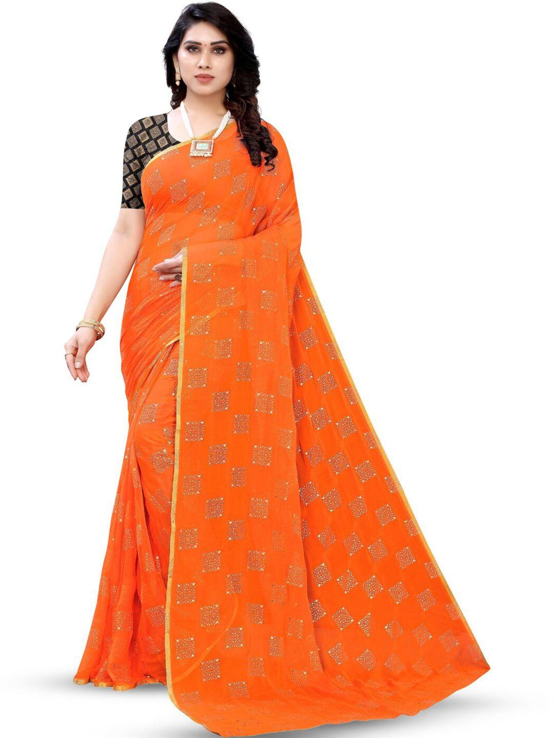 fabmora orange & gold-toned poly chiffon saree