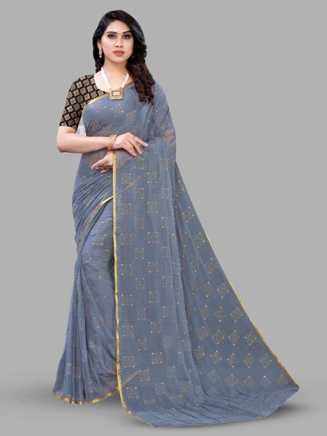 fabmora grey & gold-toned zari poly chiffon saree