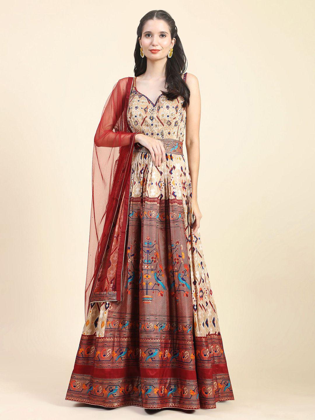 phenav ethnic motifs printed v-neck embroidered detailed silk fit & flare ethnic dress