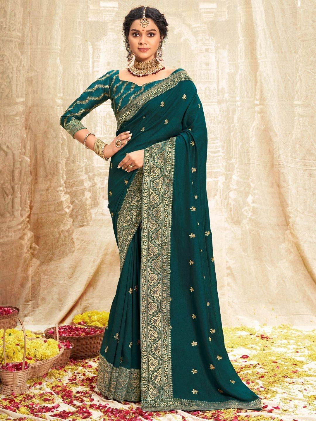 mitera teal & gold-toned floral zari art silk saree