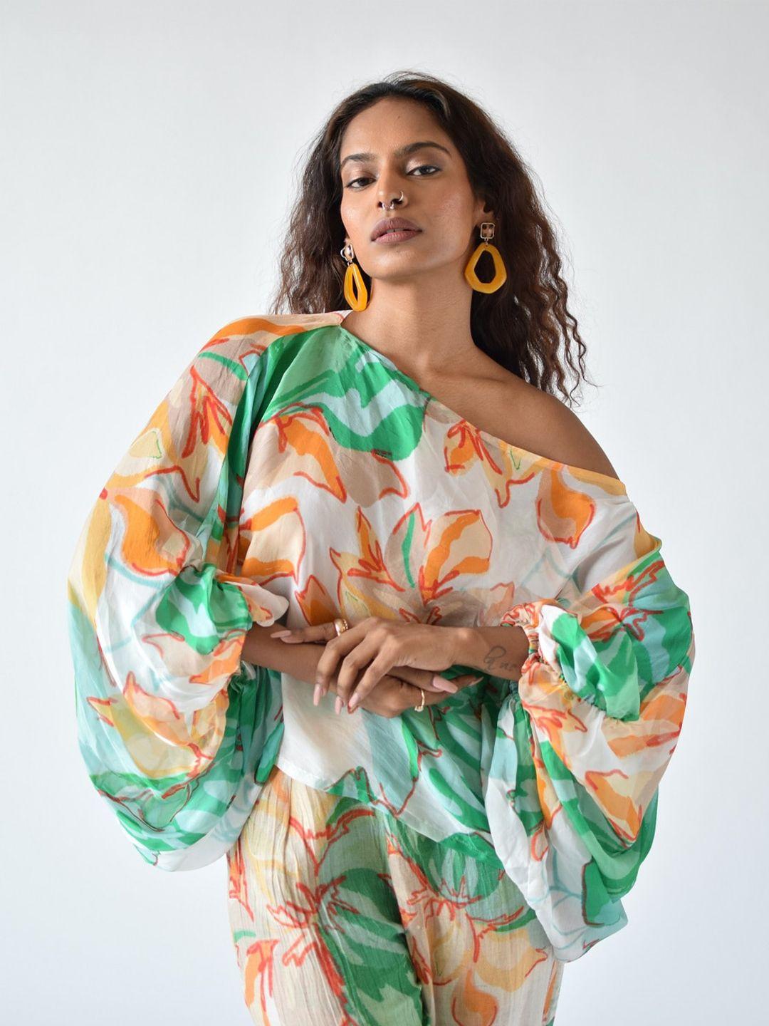 missy white tropical print flared sleeve chiffon kaftan top