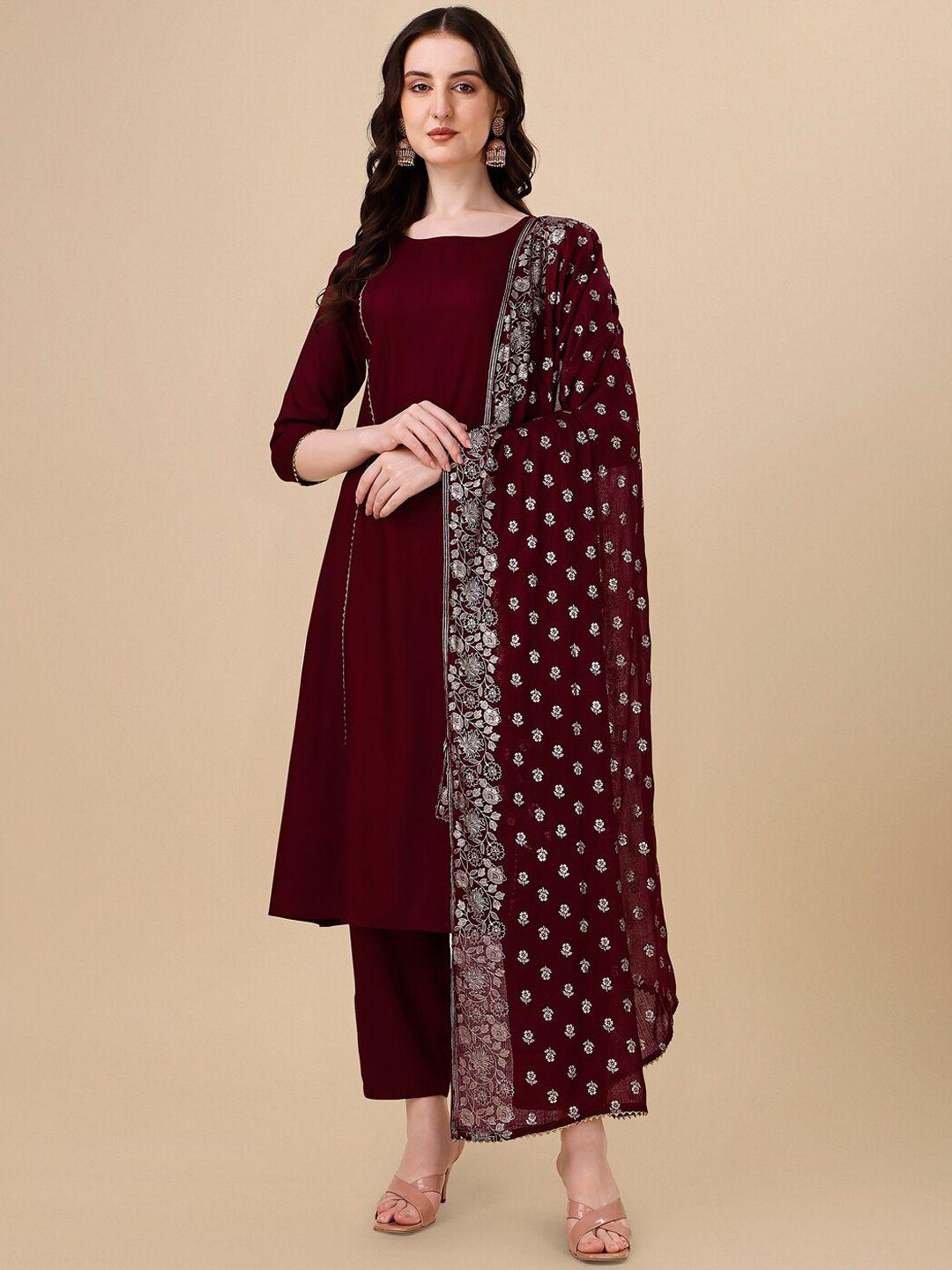 here&now women maroon panelled kurta with trousers & with dupatta