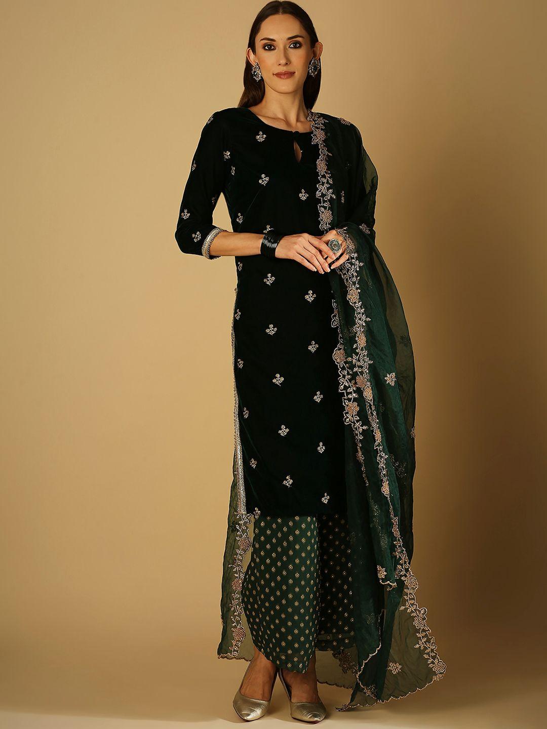 monk & mei ethnic motifs embroidered velvet straight kurta with palazzos & dupatta