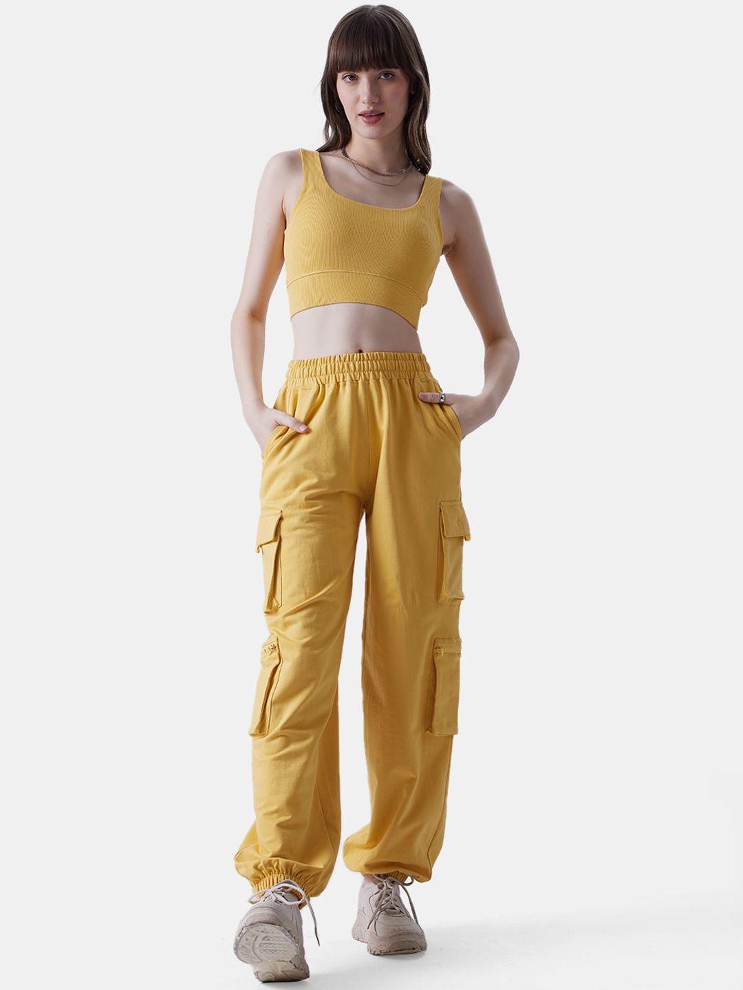 the souled store yellow cotton top with cargo trousers