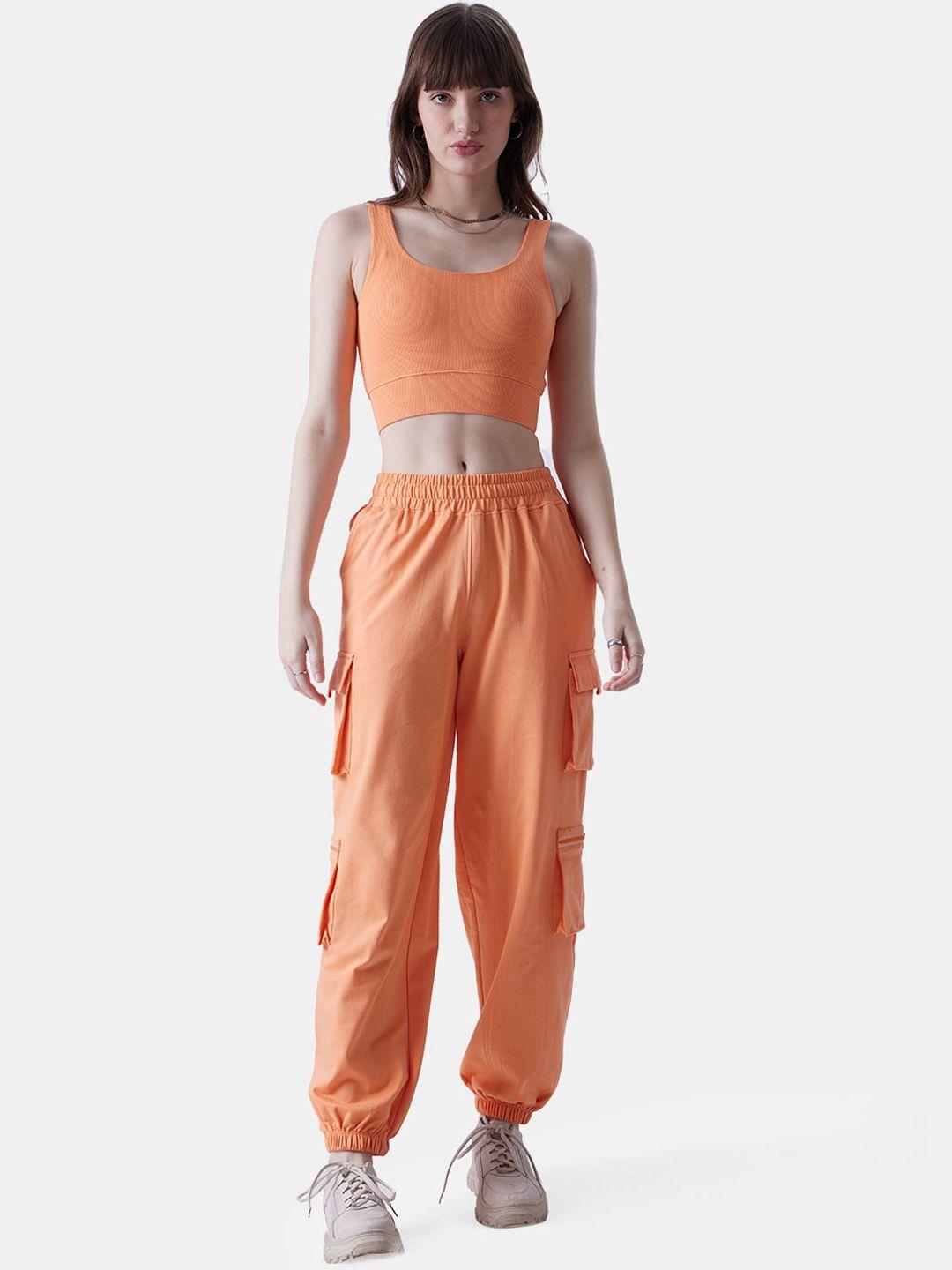 the souled store orange cotton top with cargo trousers