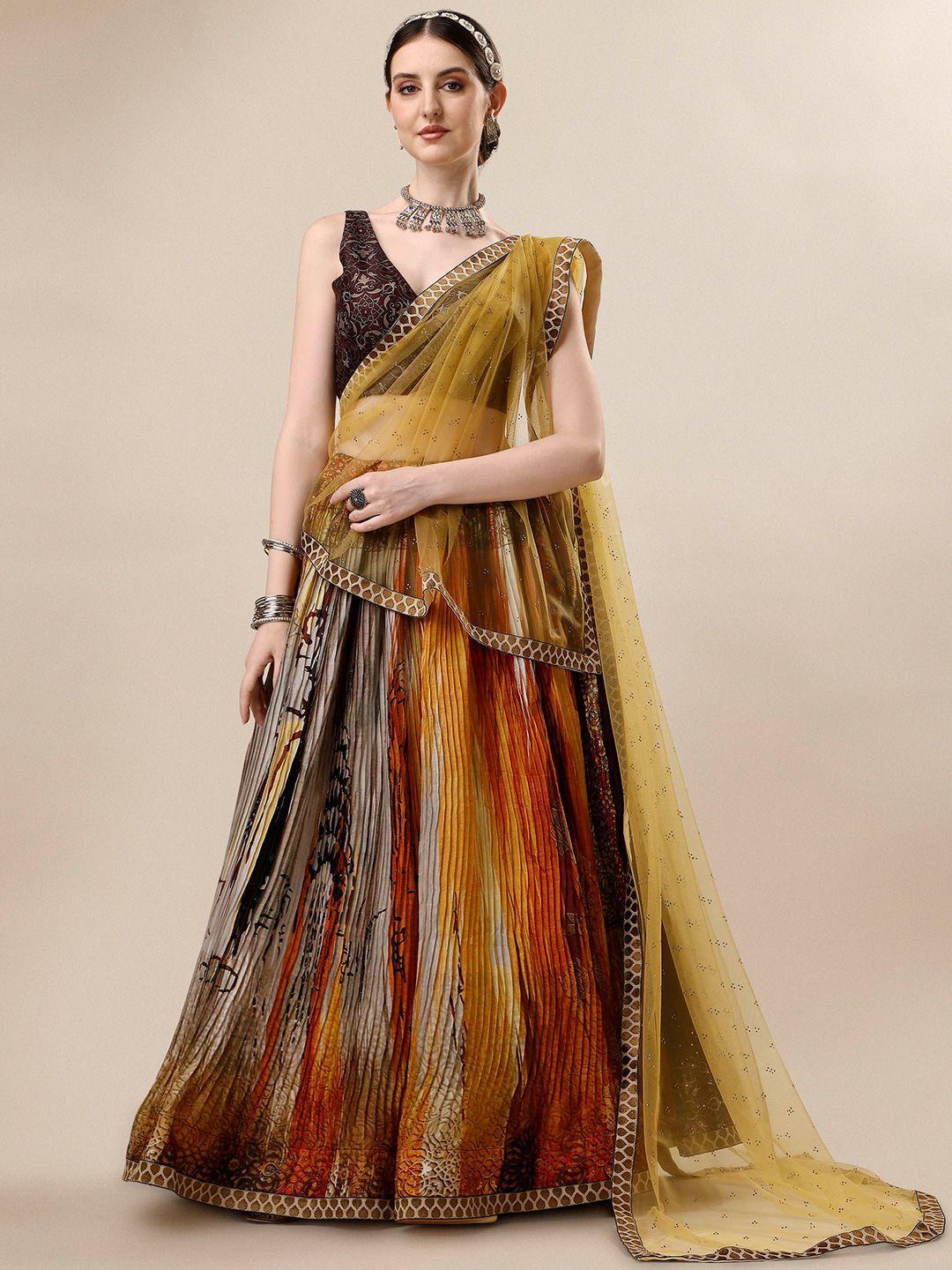 saptrangi brown & yellow printed ready to wear lehenga & blouse with dupatta