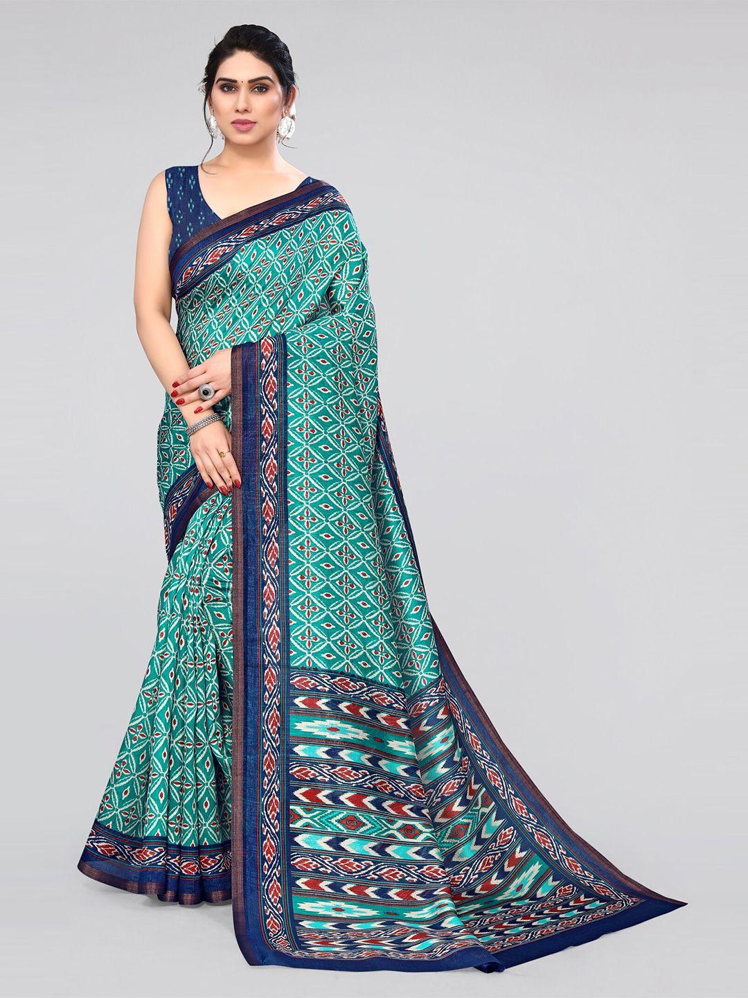 mirchi fashion teal & blue ikat printed saree