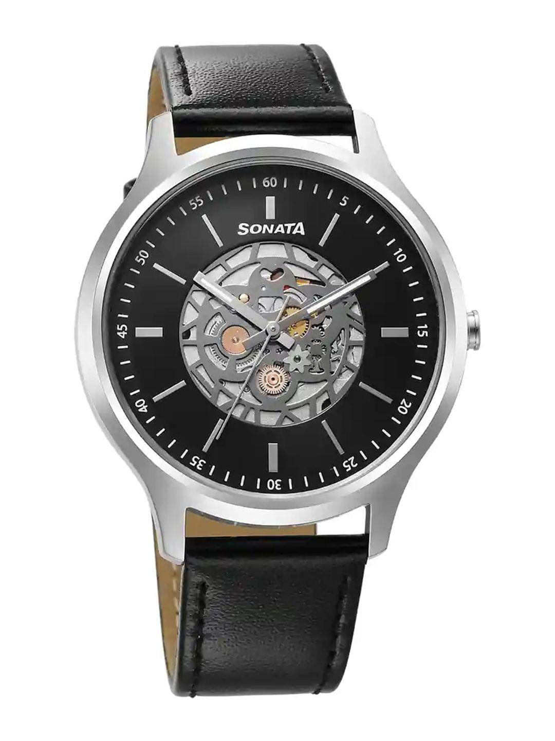 sonata men black brass skeleton dial & leather straps analogue watch 7140sl05