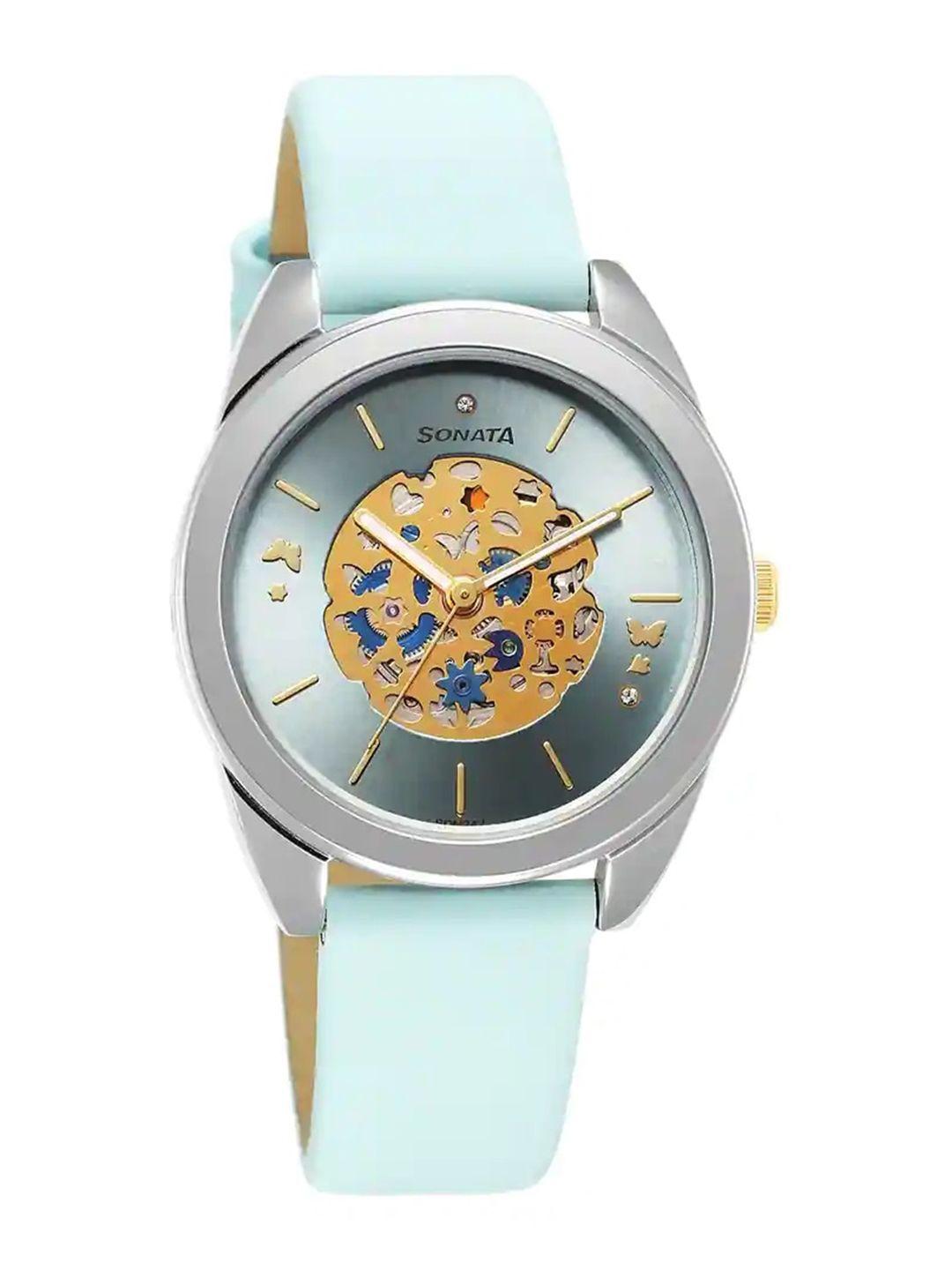 sonata women unveil 2.0 brass dial & leather straps analogue watch 8182bl01