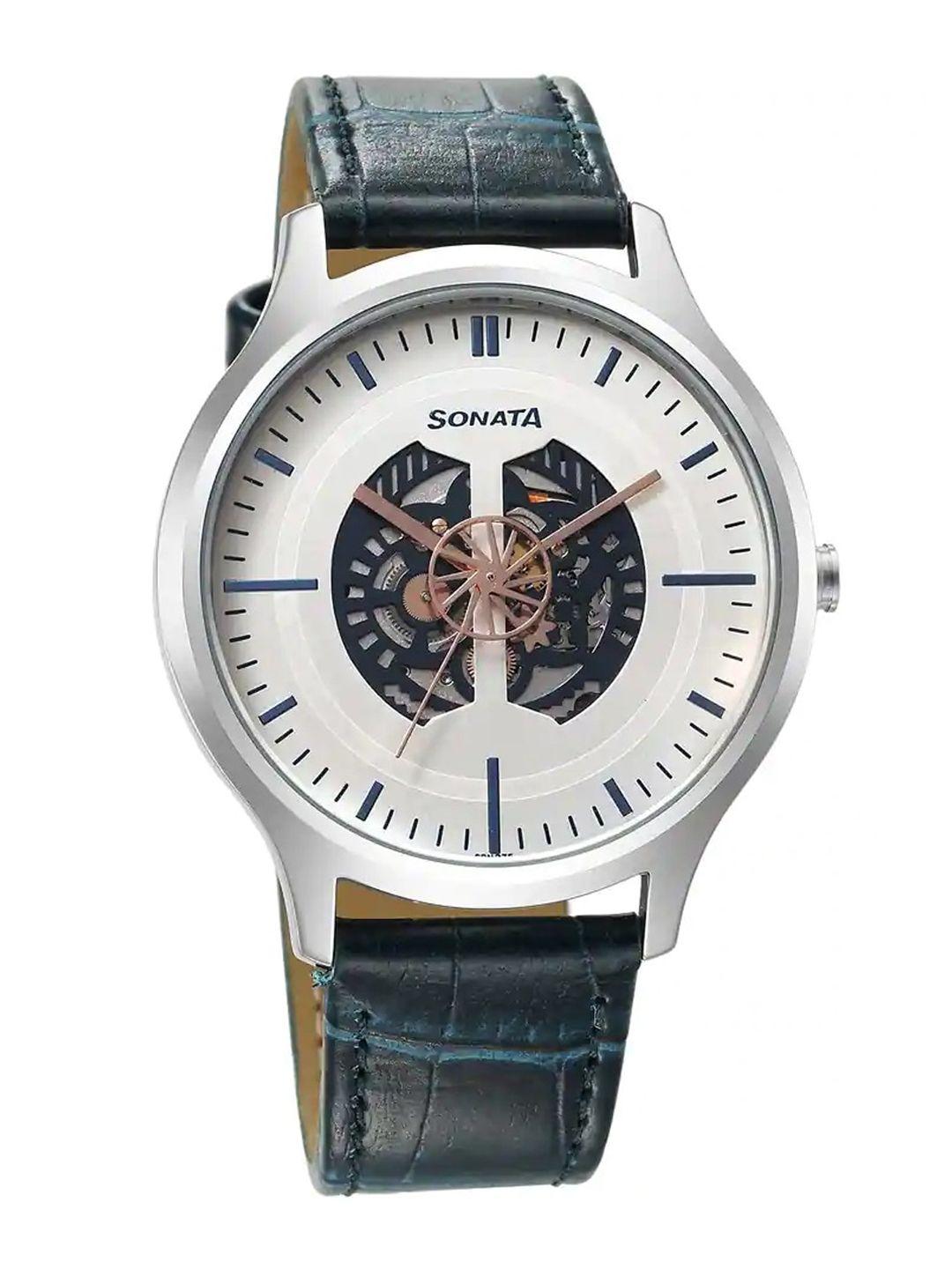 sonata men unveil 2.0 skeleton dial & leather textured straps analogue watch 7140sl06