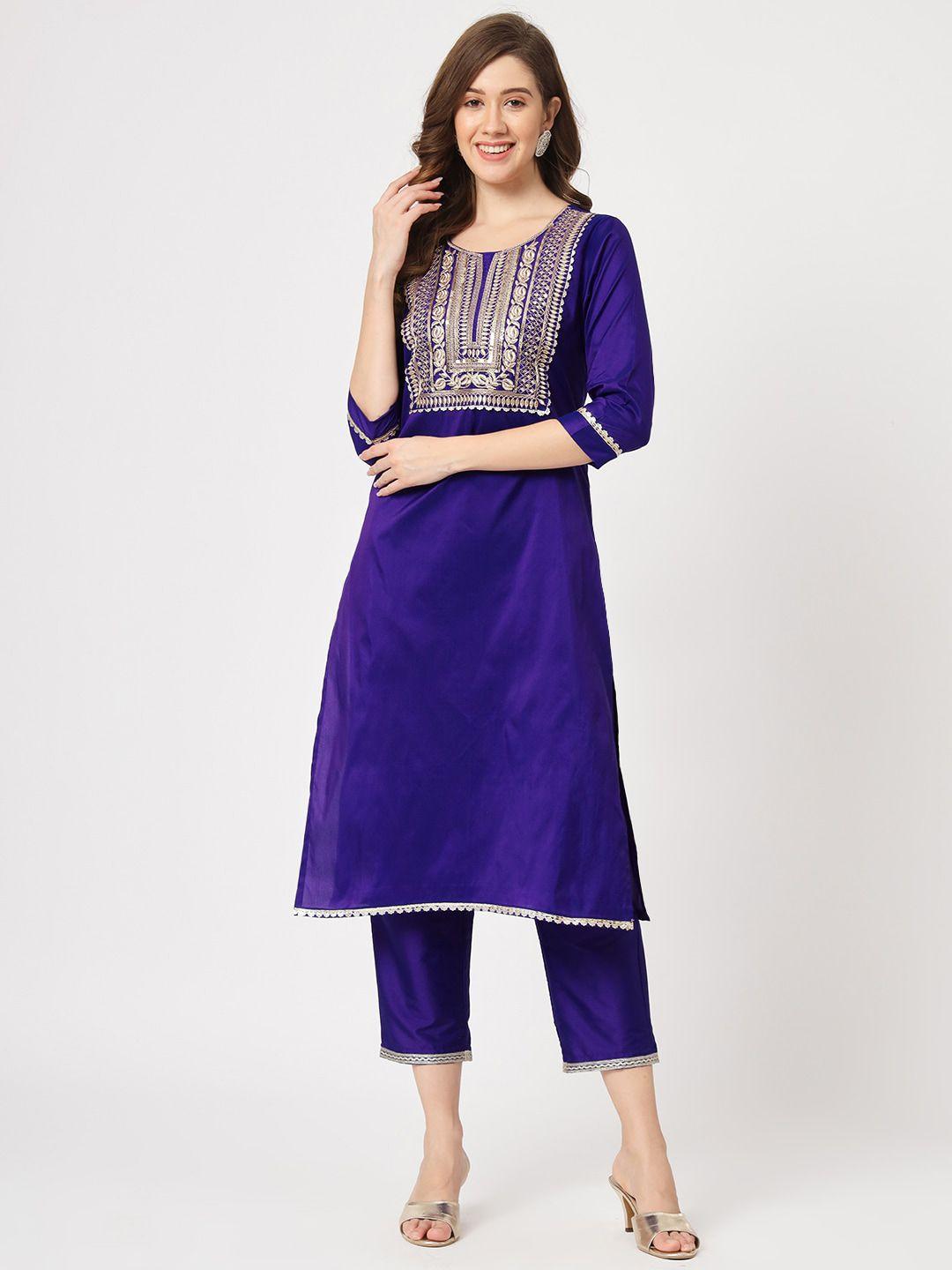 pannkh ethnic motifs embroidered art silk straight kurta with trousers