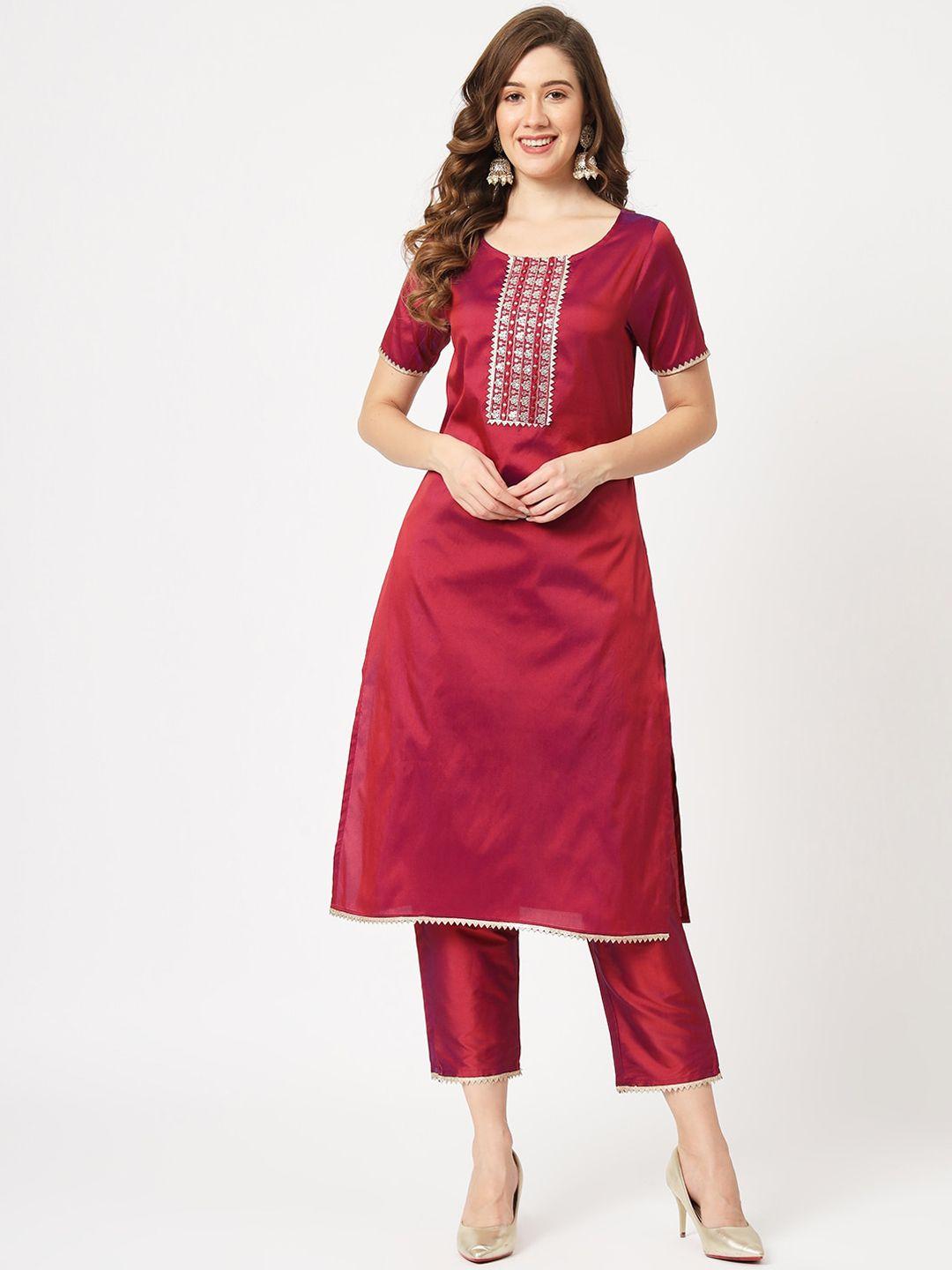 pannkh embroidered art silk straight kurta with trousers