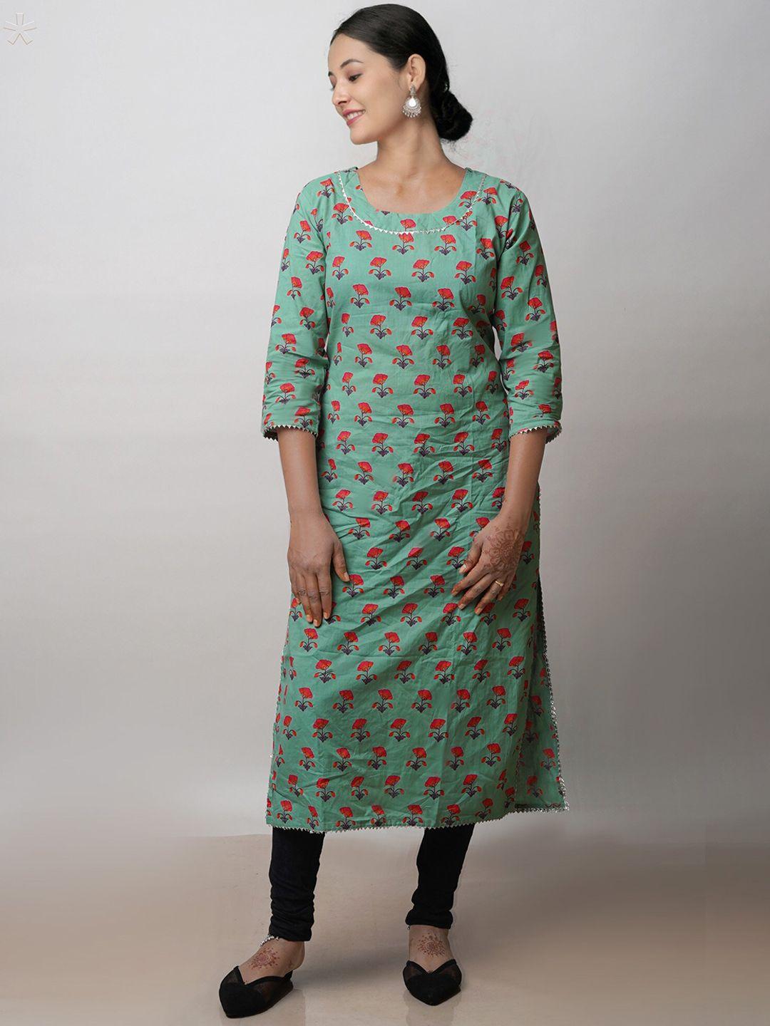 unnati silks women green ethnic motifs printed flared sleeves mirror work handloom kurta