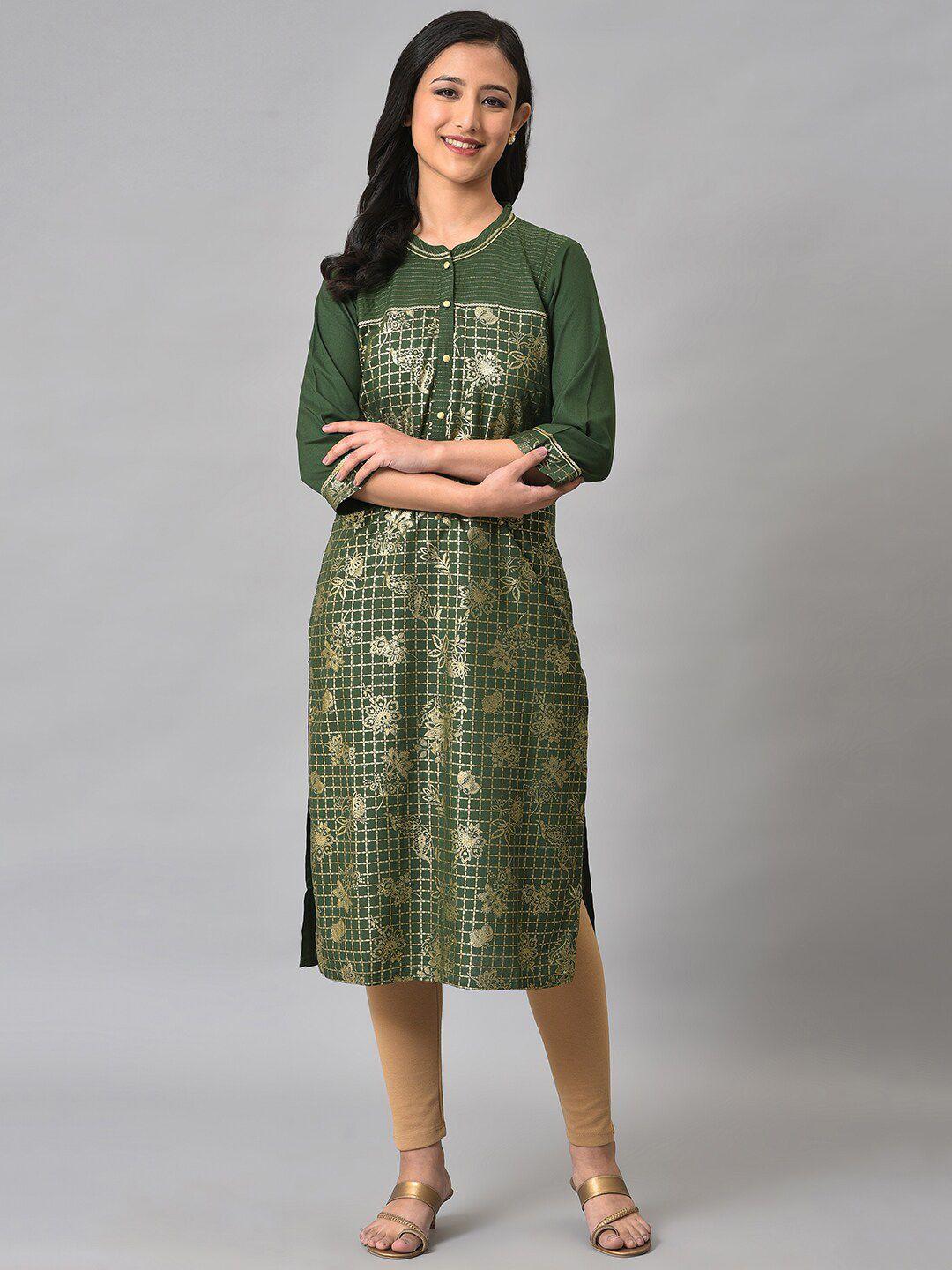 aurelia women green striped flared sleeves thread work kurta