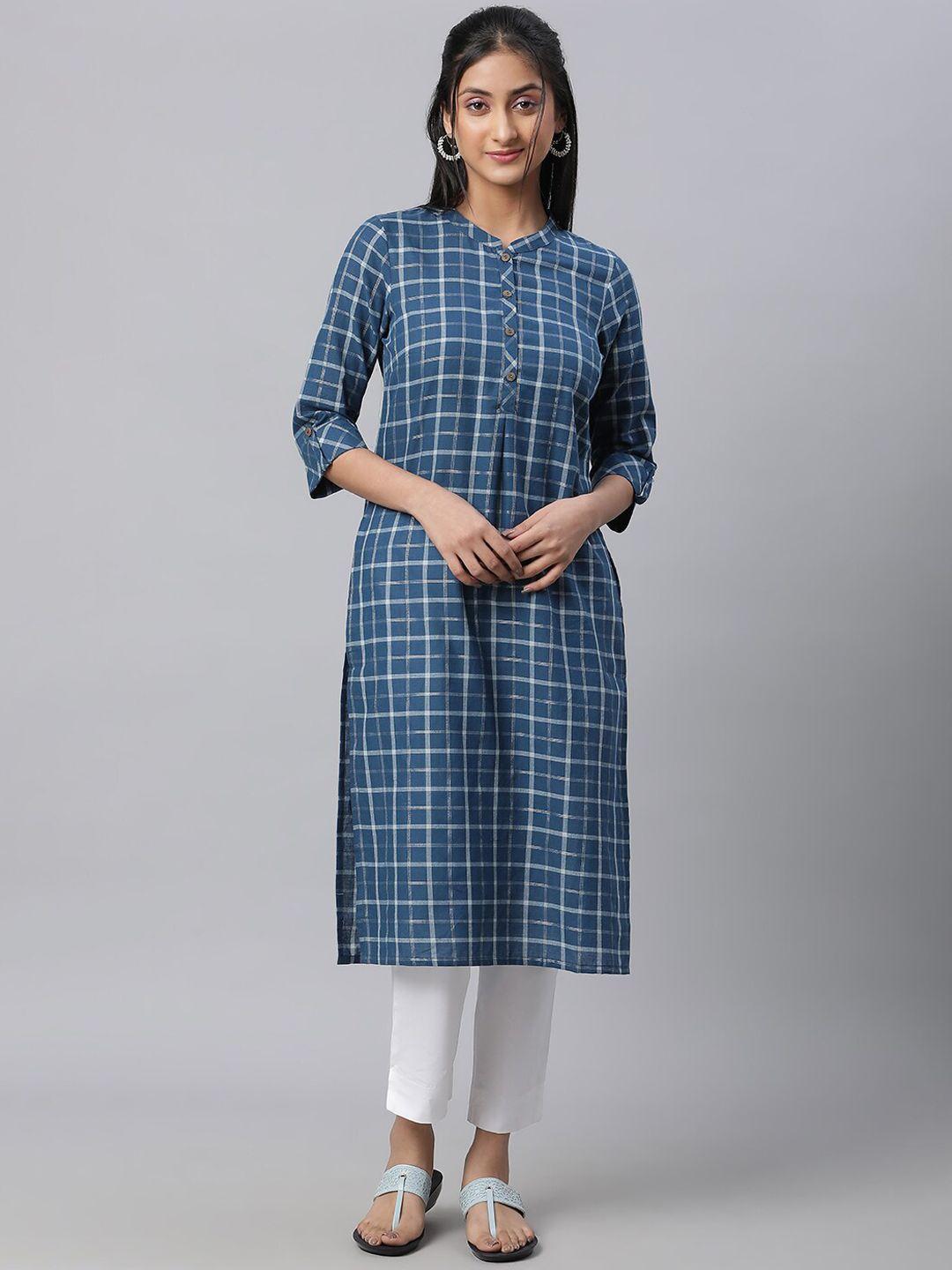 aurelia women blue checked thread work kurta