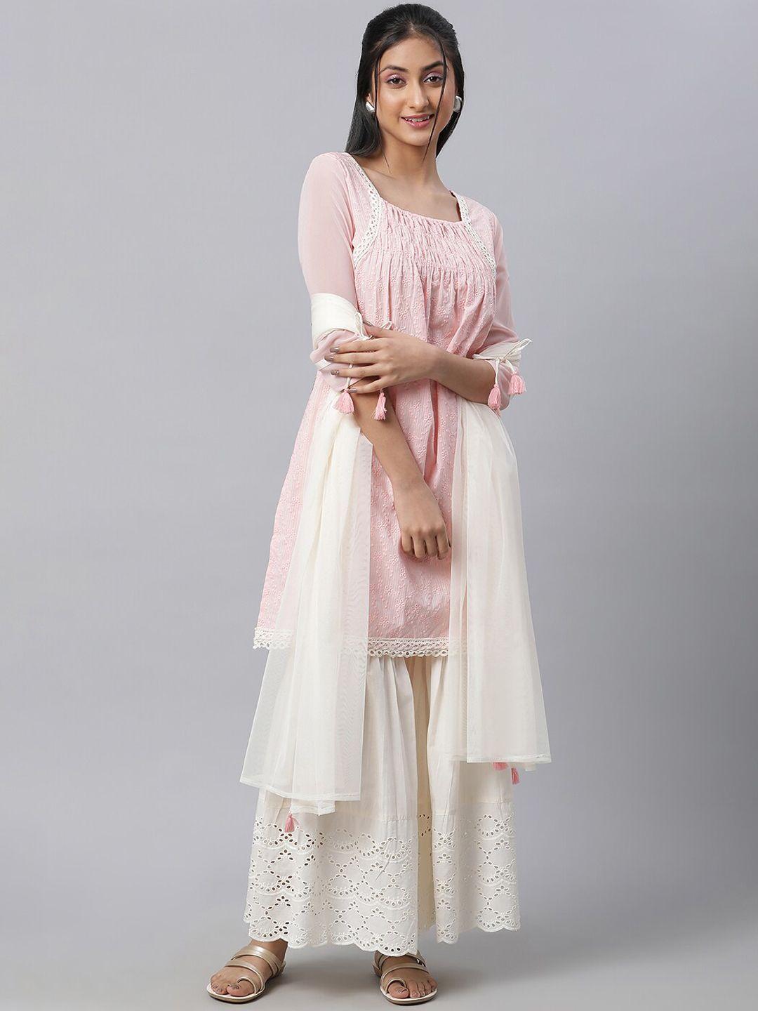 aurelia women pink floral regular pure cotton kurta with sharara & with dupatta